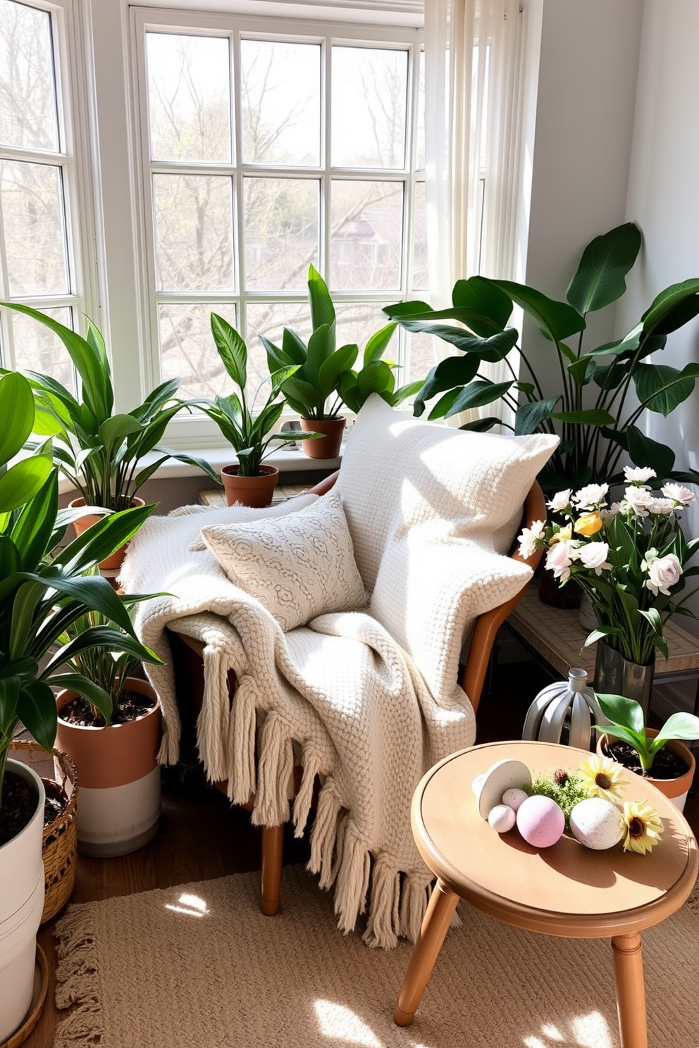 A cozy reading nook filled with natural light. There are plush cushions and a soft throw blanket on a comfortable armchair, surrounded by potted plants that add a fresh feel. The space is decorated with pastel colors and Easter-themed accents. Delicate decorations like painted eggs and spring flowers are arranged on a small table next to the armchair.