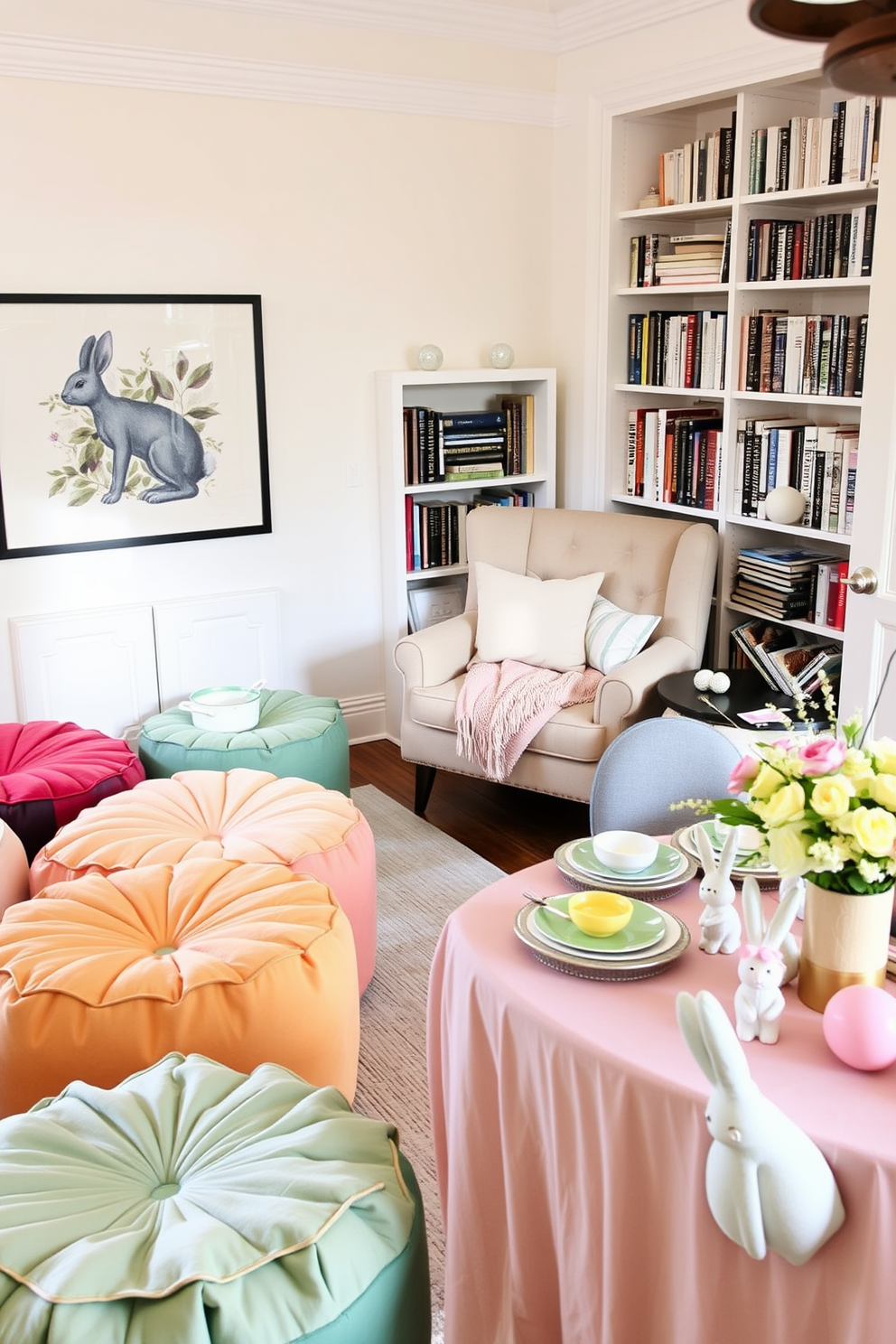 A charming chalkboard is mounted on the wall, framed in rustic wood and decorated with seasonal embellishments. Colorful chalk is scattered nearby, inviting creativity for writing festive messages and reminders. The reading nook is a cozy corner filled with plush cushions and a soft throw blanket draped over a comfortable armchair. A small side table holds a stack of favorite books and a steaming cup of tea, creating an inviting atmosphere for relaxation. Easter decorations adorn the space, featuring pastel-colored eggs and cheerful spring flowers arranged in a vase. Whimsical bunnies and garlands hang from the ceiling, adding a playful touch to the festive ambiance.