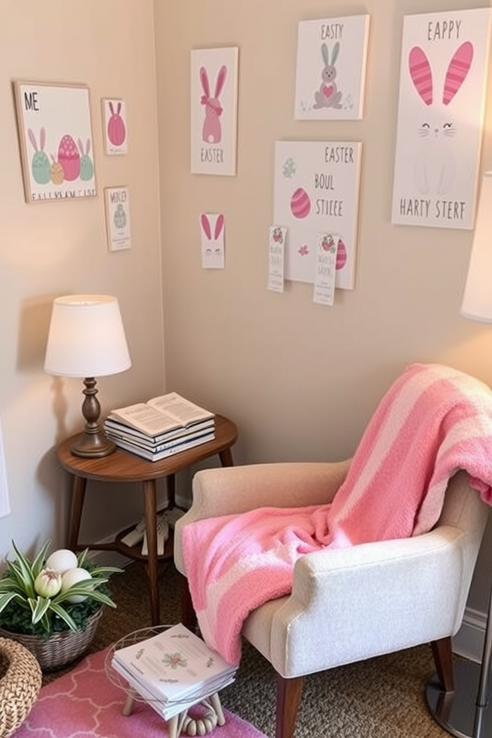 A cozy reading nook adorned with an Easter theme. A pastel-colored sign that reads Reading Nook hangs above a plush armchair surrounded by soft cushions and a small side table. The nook features decorative elements like bunny figurines and colorful eggs scattered around. A warm throw blanket drapes over the armchair, inviting relaxation and festive cheer.