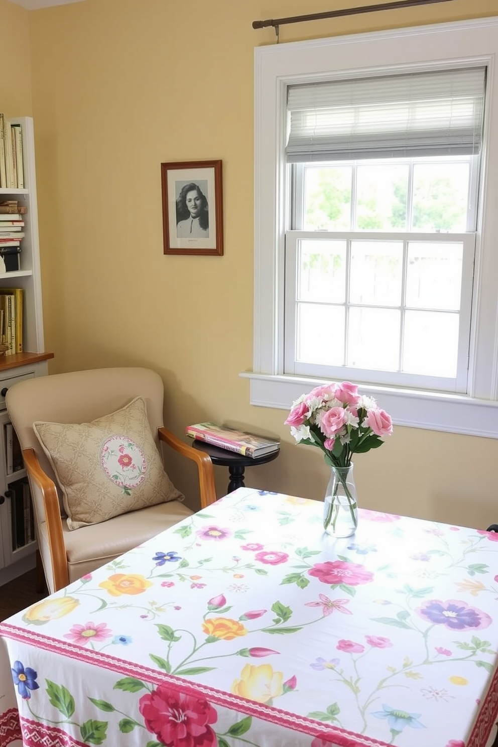 A cheerful reading nook is adorned with a vibrant tablecloth featuring spring prints. The cozy chair is complemented by soft cushions and a small side table holding a vase of fresh flowers.