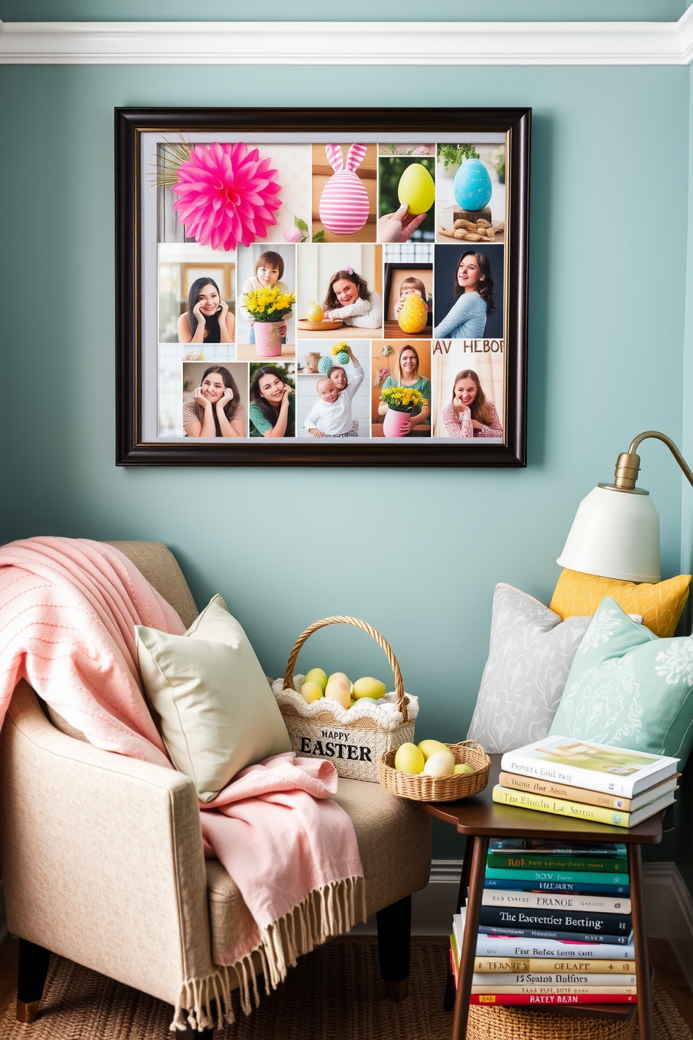 A cozy reading nook adorned for Easter. The space features a comfortable armchair draped with a pastel throw blanket, surrounded by a collection of colorful cushions. On the wall, a framed photo collage captures cherished memories from past Easters, showcasing vibrant decorations and joyful gatherings. A small side table holds a basket filled with Easter eggs and a stack of beloved books for leisurely reading.