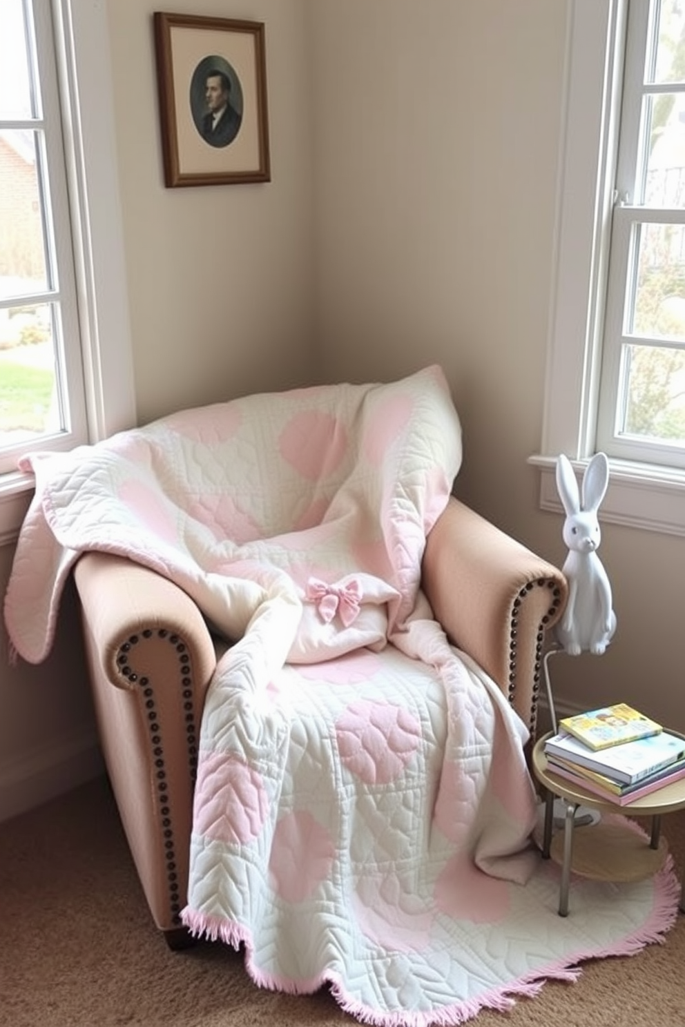 A cozy reading nook adorned with Easter-themed decorations. A colorful puzzle featuring Easter eggs is displayed on a small wooden table beside a plush armchair. The walls are painted in soft pastel colors, creating a cheerful atmosphere. A decorative basket filled with faux flowers and Easter treats sits on the floor, adding to the festive charm.