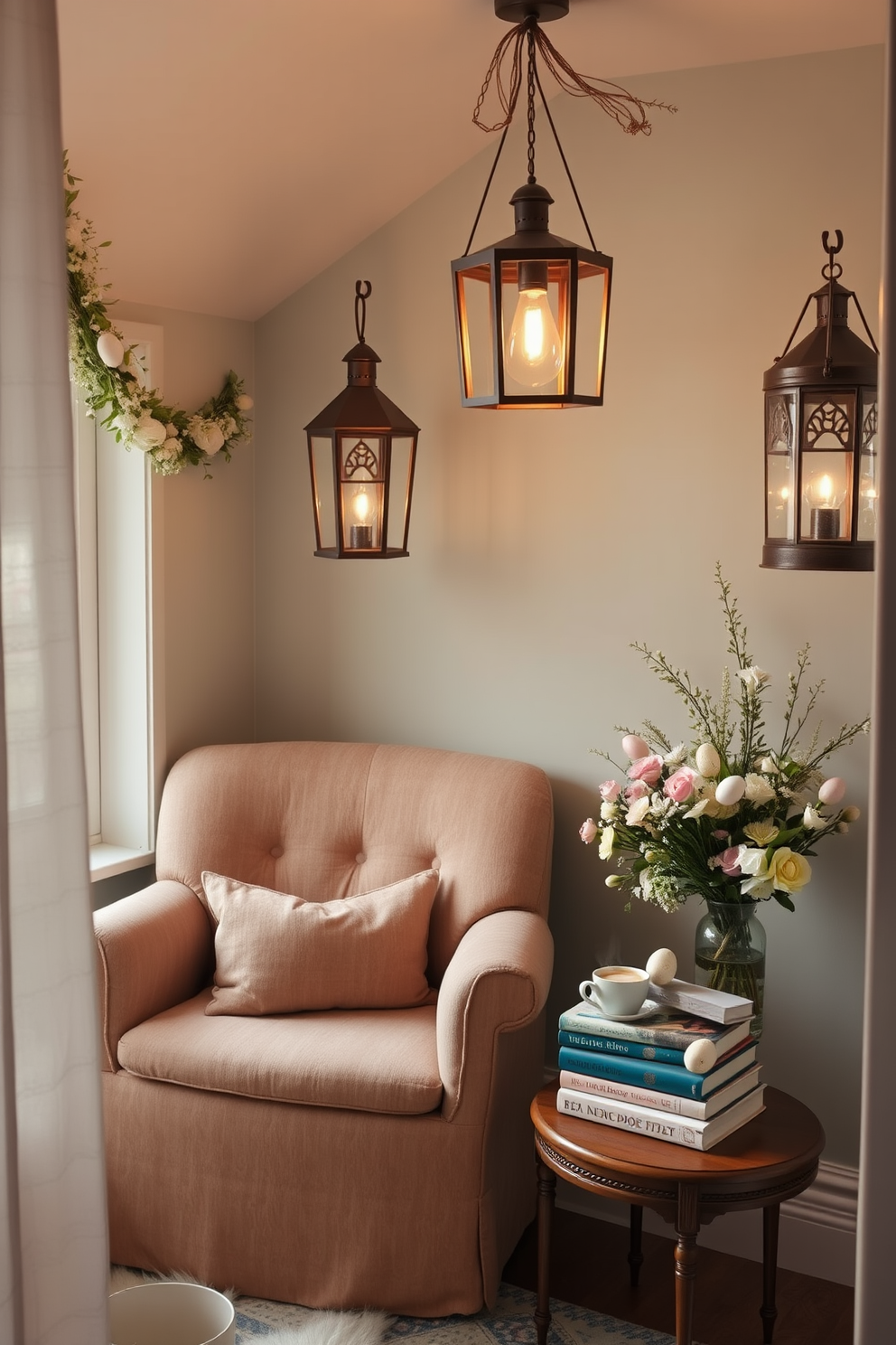 A cozy reading nook filled with colorful painted rocks as decor. The nook features a comfortable armchair draped with a soft blanket, surrounded by shelves filled with books and vibrant cushions. For Easter decorating ideas, imagine a bright and cheerful space adorned with pastel-colored decorations. There are handcrafted ornaments and floral arrangements that bring a festive touch to the room.