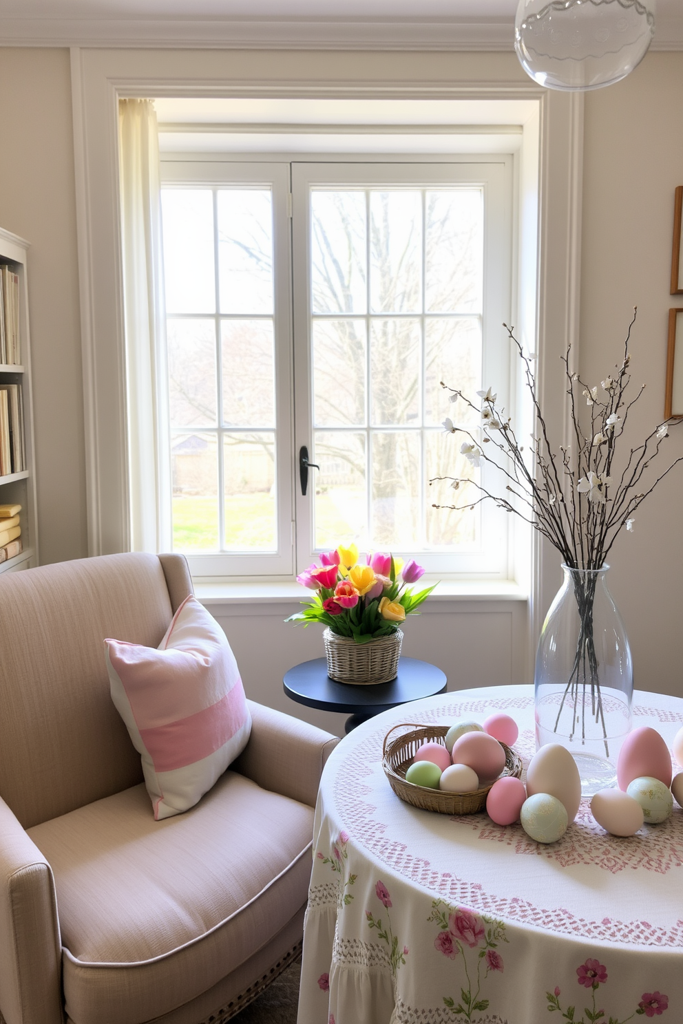 A cozy reading nook filled with natural light. A comfortable armchair is positioned next to a small side table where a basket of fresh flowers adds a pop of color. Soft pastel decorations are tastefully arranged for Easter. The table is adorned with decorative eggs and a charming tablecloth that complements the spring theme.