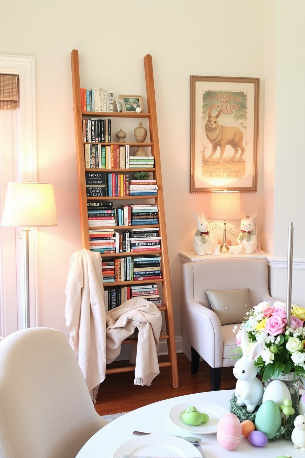 A decorative ladder leaning against a wall showcases an assortment of colorful books and decorative items. The ladder is made of natural wood, and the books are arranged in a casual yet aesthetically pleasing manner. The reading nook features a plush armchair upholstered in soft fabric, positioned next to a small side table. A cozy throw blanket is draped over the armchair, and a warm lamp provides soft lighting for a comfortable reading experience. Easter decorating ideas include a beautifully set dining table adorned with pastel-colored tableware and floral centerpieces. Delightful Easter-themed decorations such as bunny figurines and colorful eggs are artfully arranged throughout the space, creating a festive atmosphere.