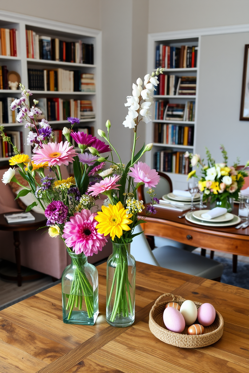 A cozy reading nook features a plush armchair upholstered in pastel colors, surrounded by bookshelves filled with an assortment of books and decorative bunny figurines. Soft, natural light filters in through a nearby window, casting a warm glow on the space adorned with Easter-themed decorations, including pastel-colored eggs and floral arrangements.