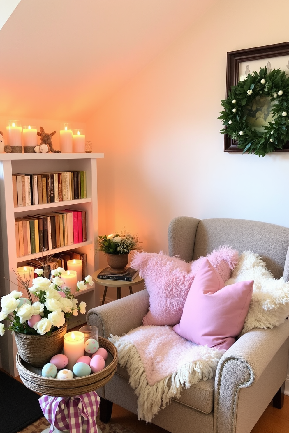 A cozy reading nook adorned with nature-inspired decorations featuring twigs. The space includes a comfortable armchair draped with a soft blanket and a small side table holding a stack of books and a decorative twig arrangement. Easter decorations bring a festive touch to the room. Delicate pastel-colored accents are incorporated through decorative eggs nestled in a twig wreath and cheerful flower arrangements placed around the nook.