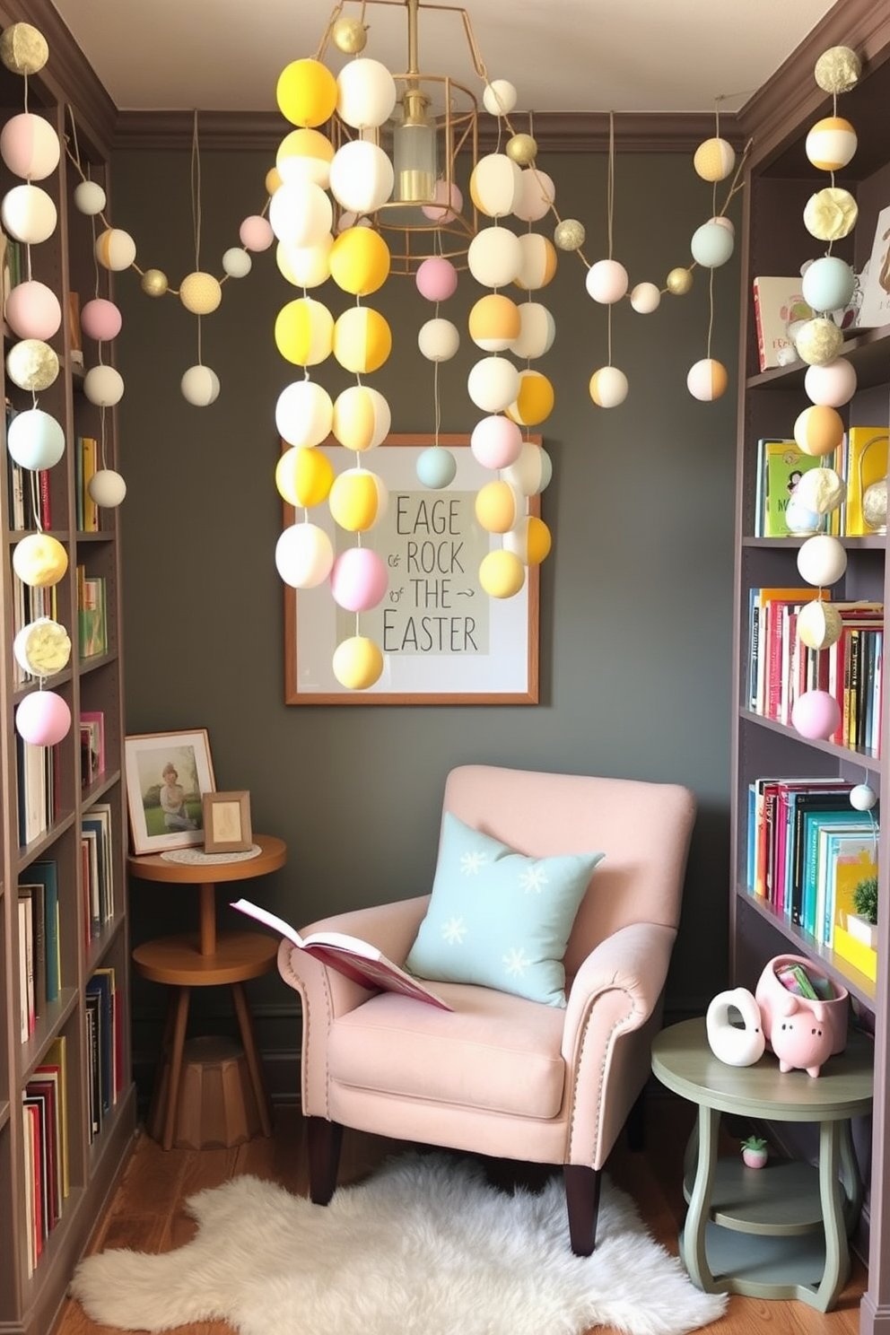 A cozy reading nook adorned with hanging egg garlands that add a touch of whimsy. The nook features a plush armchair in pastel colors, surrounded by bookshelves filled with colorful books and Easter-themed decorations.