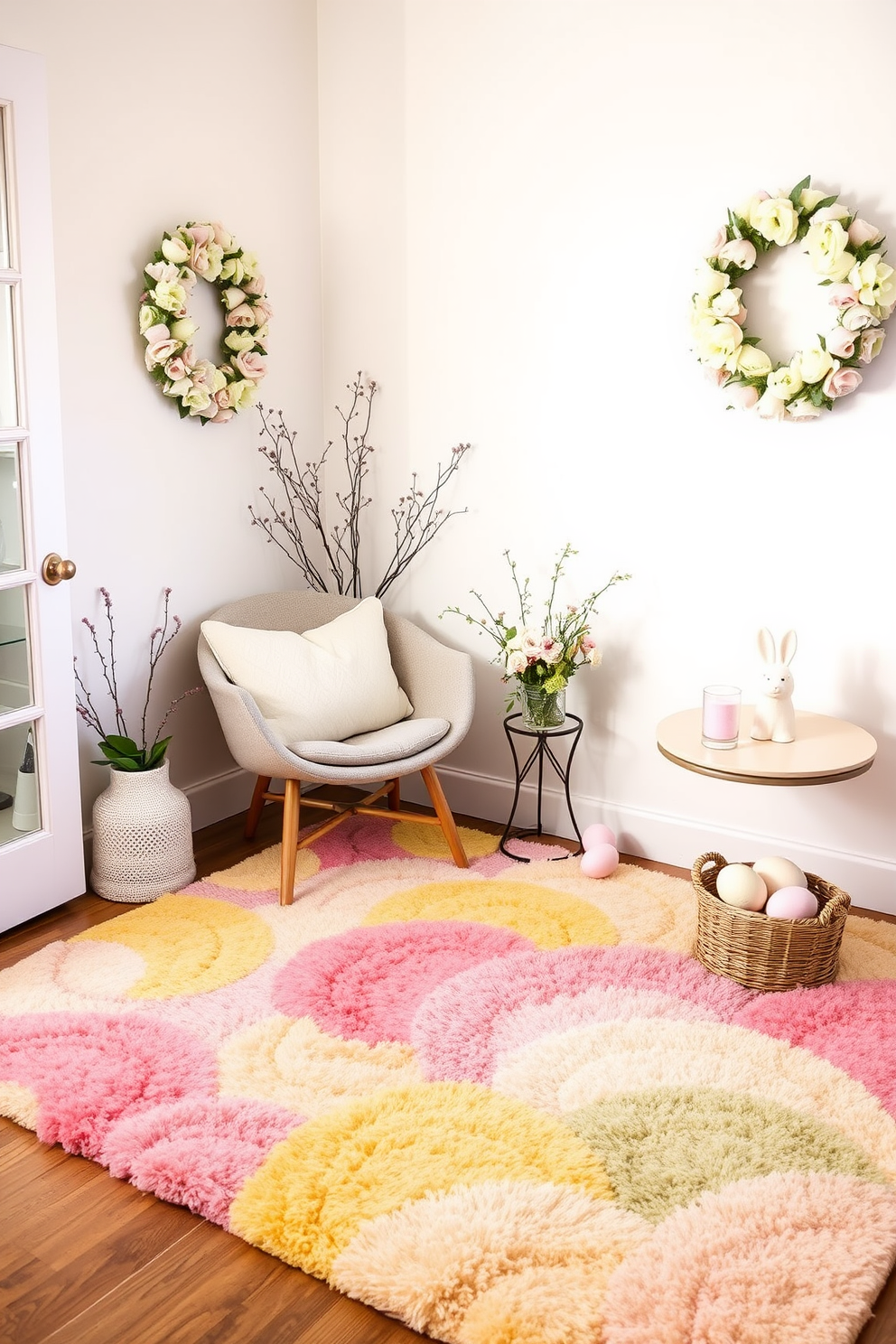 A cozy reading nook features a soft area rug in spring colors, blending pastel hues of pink, yellow, and green. Nestled in the corner is a comfortable armchair with plush cushions, inviting you to unwind with a good book. For Easter decorating ideas, adorn the space with delicate floral arrangements and pastel-colored decorative eggs. A cheerful wreath made of fresh flowers hangs on the wall, adding a festive touch to the serene atmosphere.