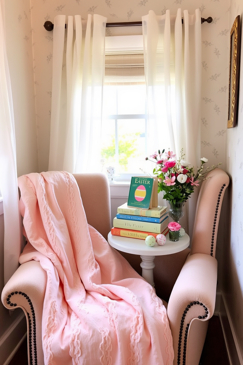 A cozy reading nook bathed in soft lighting created by fairy lights draped around the window. A plush armchair in a warm pastel color sits next to a small side table piled with books and a steaming cup of tea. Easter decorations bring a festive touch to the space with pastel-colored eggs and floral arrangements. A delicate wreath made of spring flowers adorns the door, welcoming guests with seasonal charm.