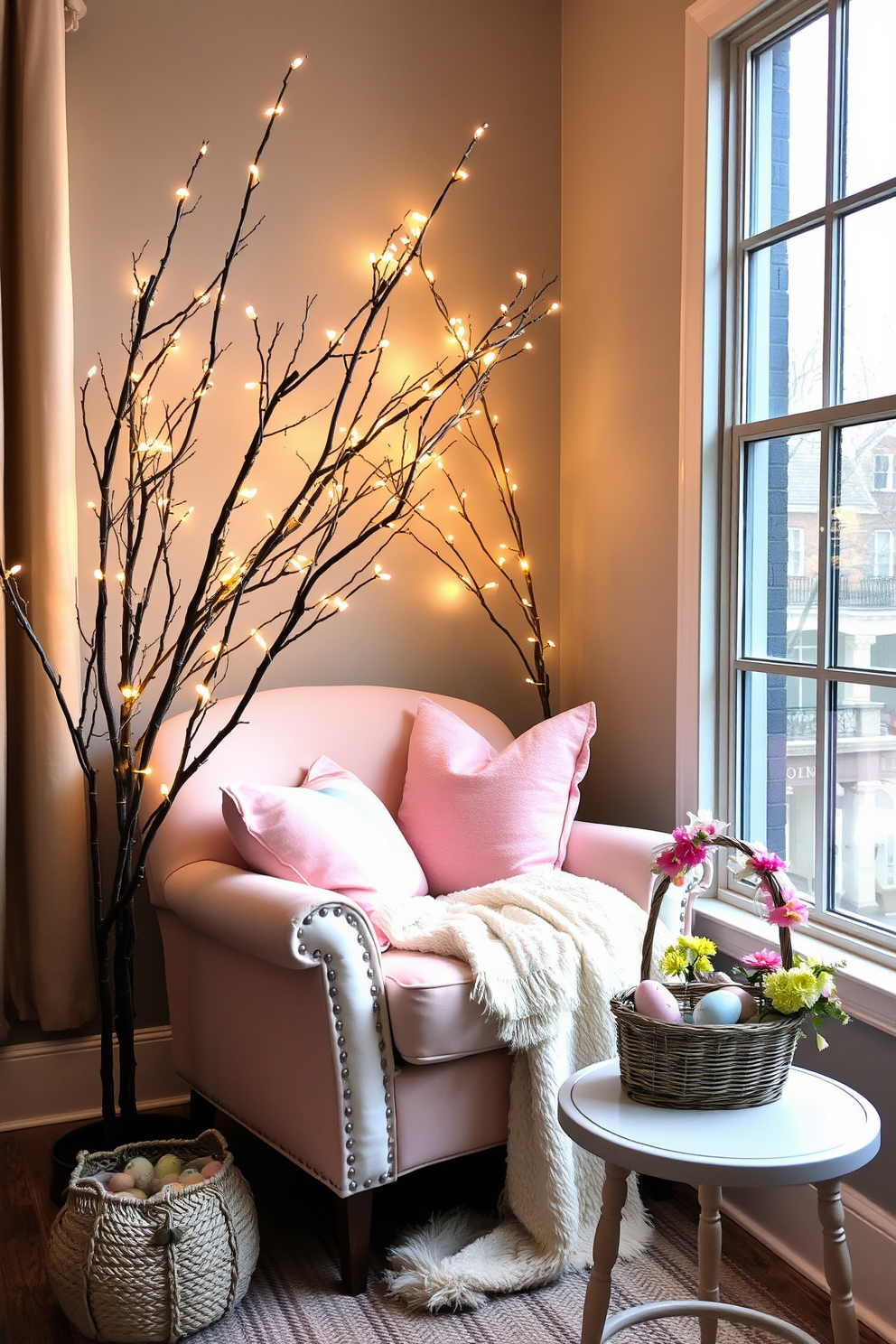 A cozy reading nook nestled by a large window with soft natural light streaming in. The nook features a plush armchair in a pastel hue, surrounded by lighted branches that create a magical ambiance. Decorated for Easter, the space includes pastel-colored pillows and a soft throw blanket. A small side table holds a decorative basket filled with colorful eggs and a fresh bouquet of spring flowers.