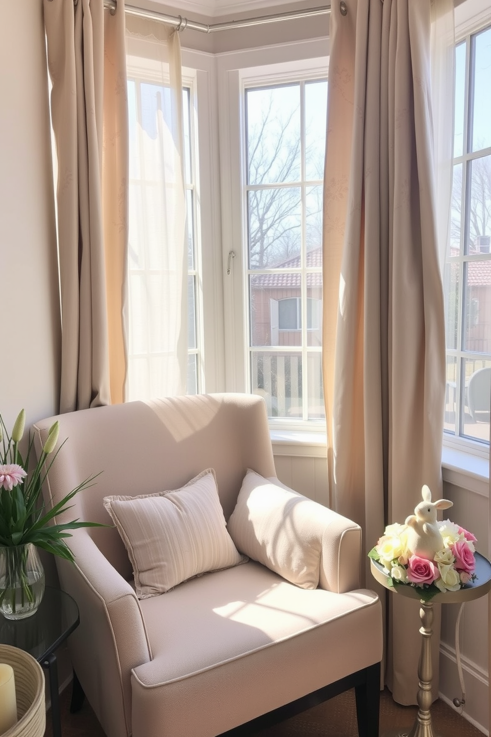 A cozy reading nook bathed in natural light features a comfortable armchair upholstered in soft beige fabric. The space is adorned with neutral curtains that showcase subtle floral patterns, gently framing the window and adding a touch of elegance. For Easter decorating ideas, the nook is enhanced with pastel-colored cushions and a small side table displaying a decorative bunny figurine. Fresh flowers in a vase sit nearby, bringing a cheerful and festive atmosphere to the space.