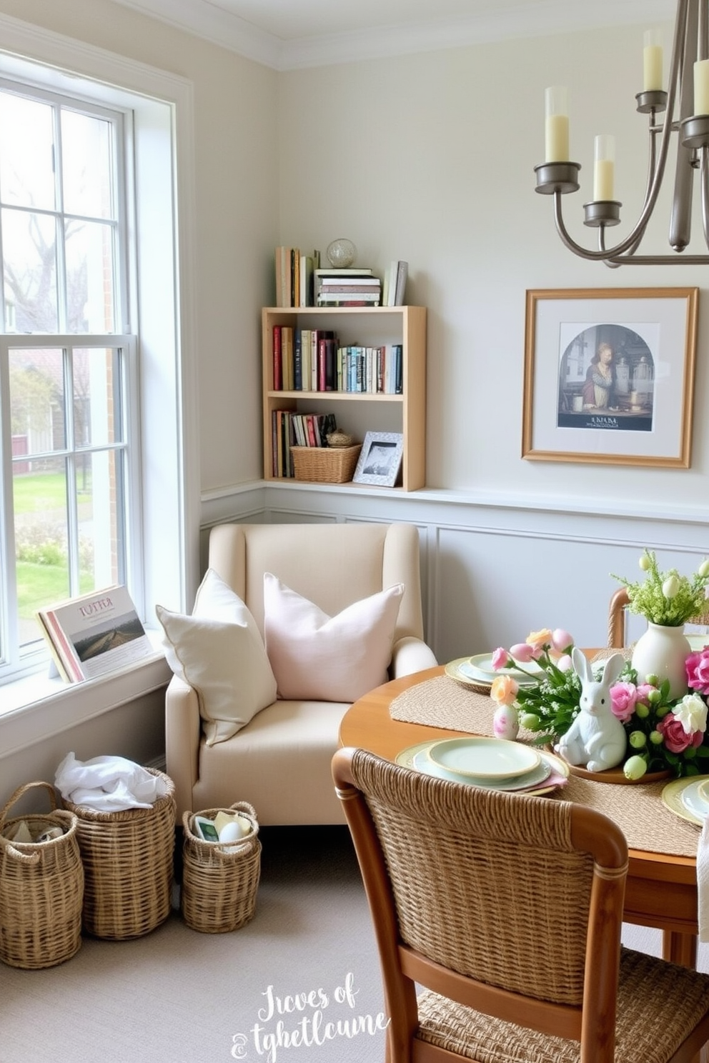 A cozy reading nook features a comfortable armchair upholstered in soft fabric, positioned next to a large window that lets in natural light. Surrounding the nook are woven baskets filled with an assortment of reading materials, providing both functionality and a touch of warmth to the space. For Easter decorating ideas, envision a cheerful dining table adorned with pastel-colored tableware and fresh flowers. Accents like decorative eggs and bunny figurines are thoughtfully placed to create a festive atmosphere.