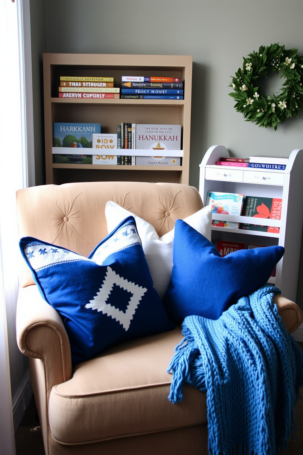 Cozy blue and white throw pillows are arranged on a plush armchair in a serene reading nook. A soft, knitted blanket drapes over the armrest, while a small bookshelf filled with holiday-themed books stands nearby, creating a warm and inviting atmosphere for Hanukkah decorating ideas.