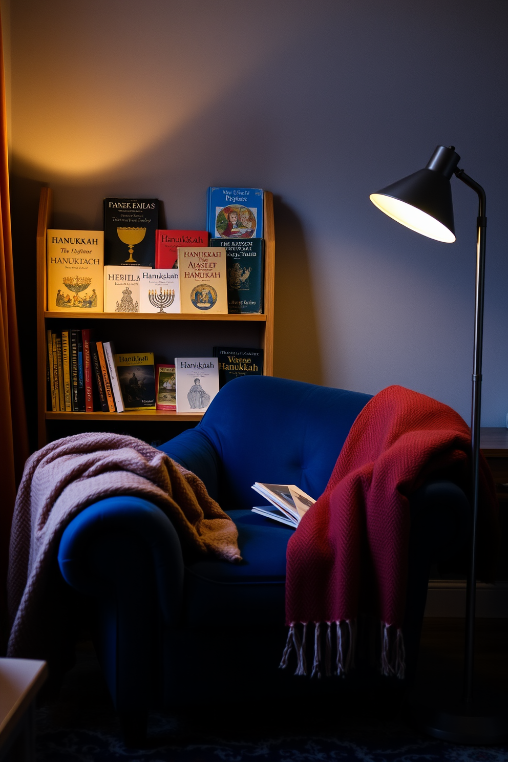 A cozy reading nook adorned with vintage Hanukkah books. The nook features a plush armchair upholstered in deep blue fabric, complemented by a warm throw blanket draped over the side. A small wooden bookshelf displays an array of vintage Hanukkah books, showcasing beautiful covers and intricate designs. Soft, ambient lighting from a nearby floor lamp casts a gentle glow, creating an inviting atmosphere for reading.