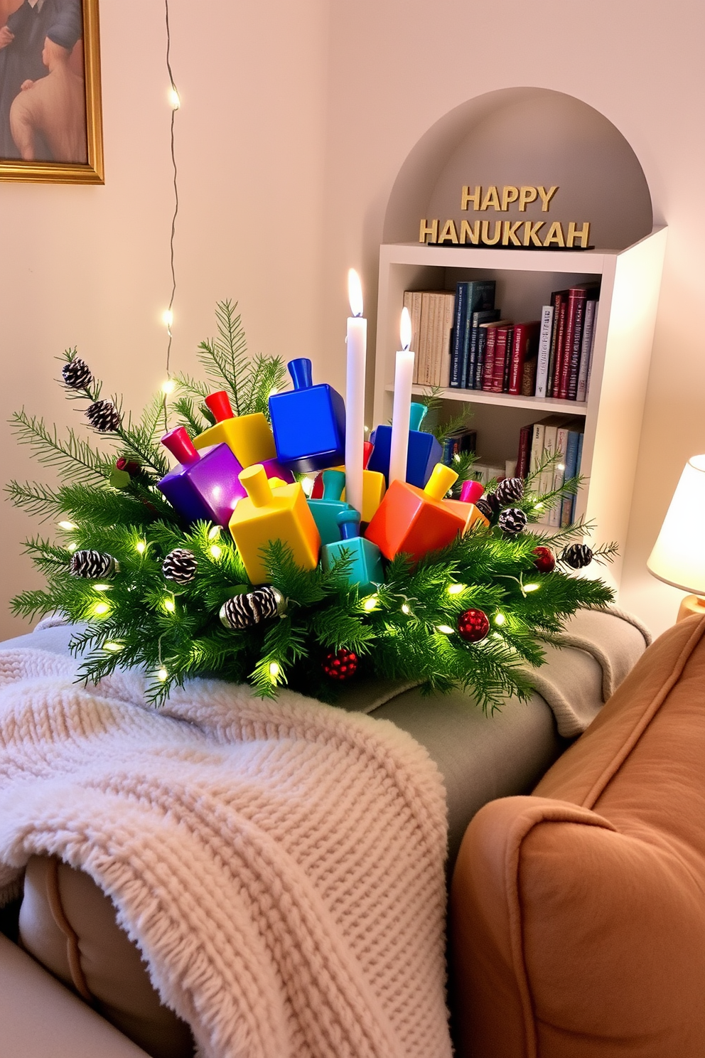 A cozy reading nook adorned with Hanukkah themed wall decals featuring menorahs and dreidels. The space is filled with plush cushions and a soft throw blanket in shades of blue and silver, creating a festive and inviting atmosphere.