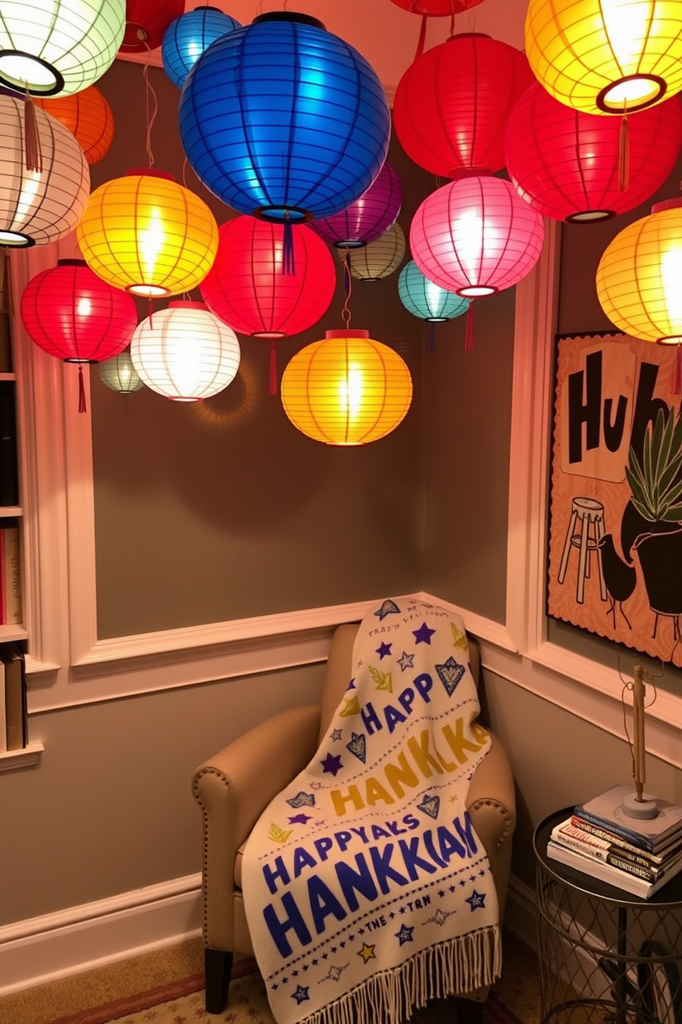 A cozy reading nook adorned with colorful paper lanterns hanging from the ceiling. The space features a comfortable armchair, a small side table with a stack of books, and a festive Hanukkah-themed throw blanket draped over the chair.