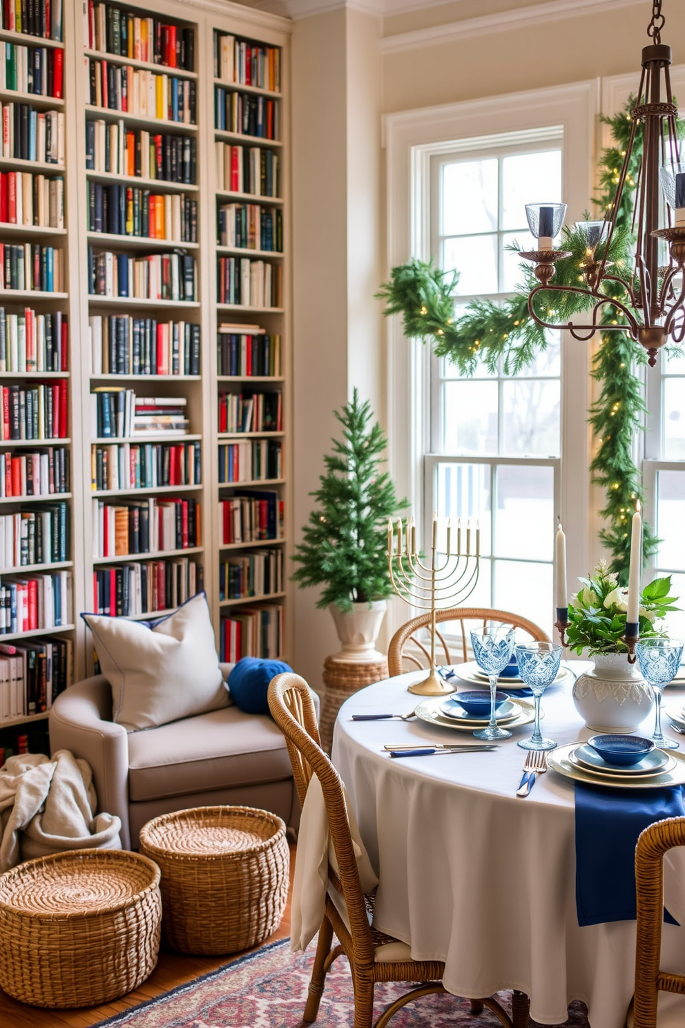 A colorful table runner adorned with festive patterns drapes elegantly over a rustic wooden dining table. Surrounding the table are mismatched chairs in vibrant colors, adding to the cheerful atmosphere of the dining space. A cozy reading nook is created by a plush armchair upholstered in soft fabrics, accompanied by a small side table. Festive Hanukkah decorations, including blue and silver accents, are thoughtfully arranged on the table and nearby shelves, inviting relaxation and warmth.