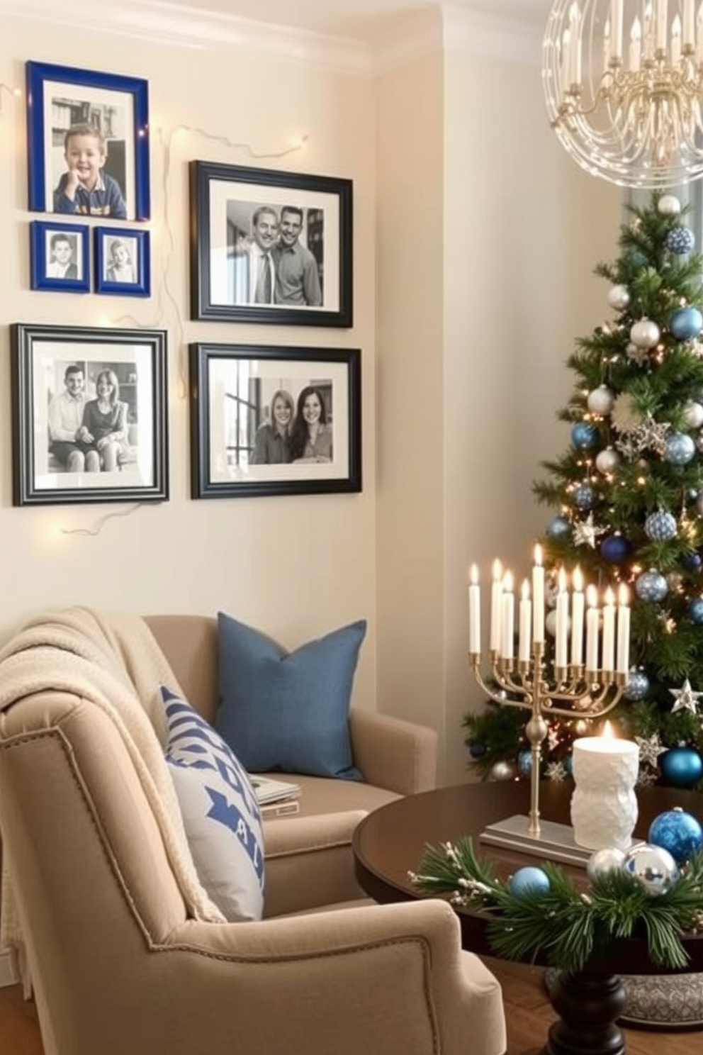 A cozy reading nook adorned with framed family photos in blue frames. The nook features a comfortable armchair, a small side table, and a soft throw blanket draped over the chair. Festive Hanukkah decorating ideas fill the space with warmth and joy. Delicate string lights and blue and silver ornaments create a cheerful atmosphere, while a beautifully arranged menorah sits prominently on the table.