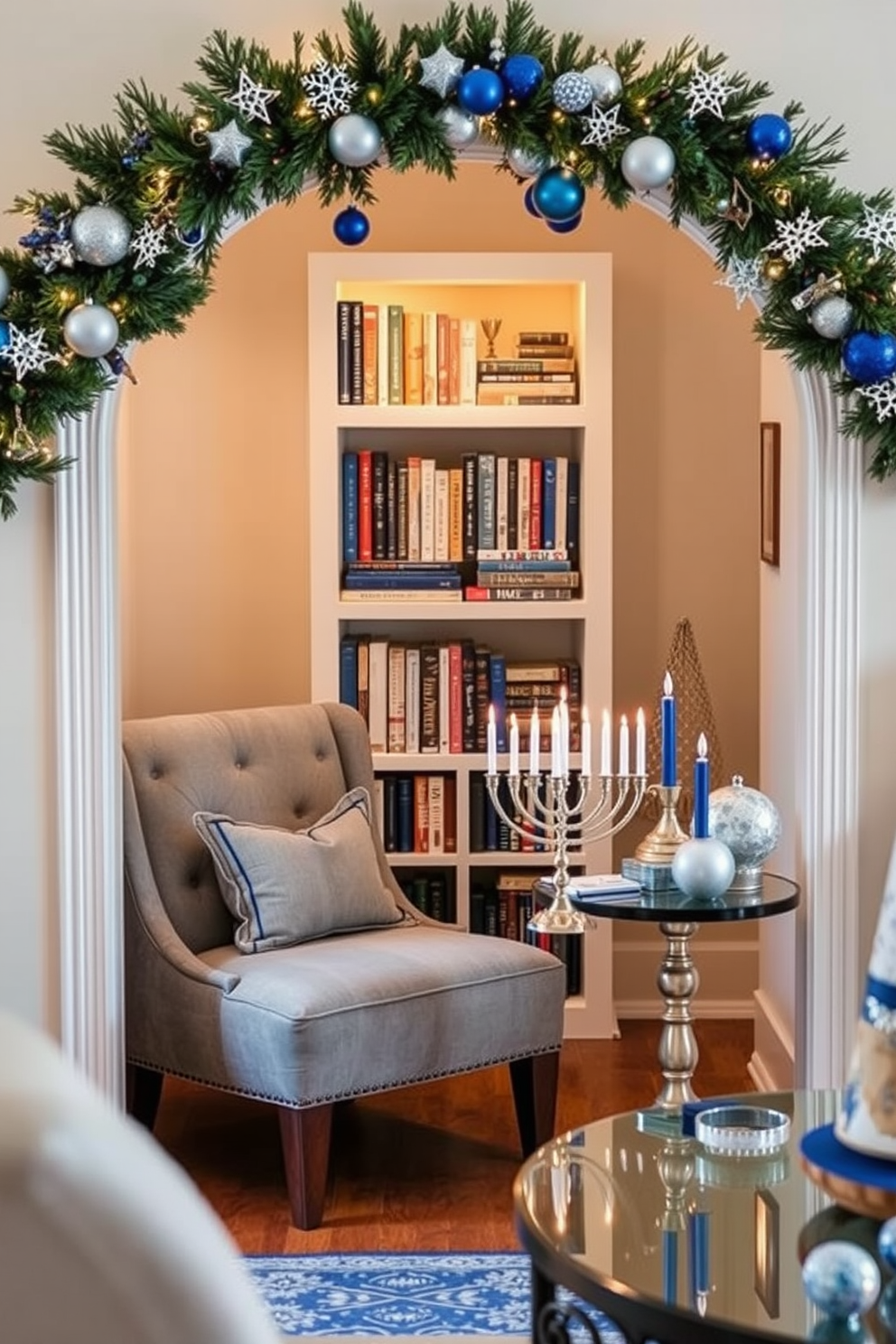 A cozy reading nook featuring a plush armchair upholstered in a rich blue fabric with gold accents on the cushions. A small side table holds a stack of books and a decorative lamp that casts a warm glow, while a soft throw blanket drapes over the arm of the chair. The nook is adorned with subtle Hanukkah decorations, including a beautifully arranged menorah on the side table. Soft blue and gold ornaments hang from nearby shelves, creating a festive yet elegant atmosphere perfect for enjoying a good book.