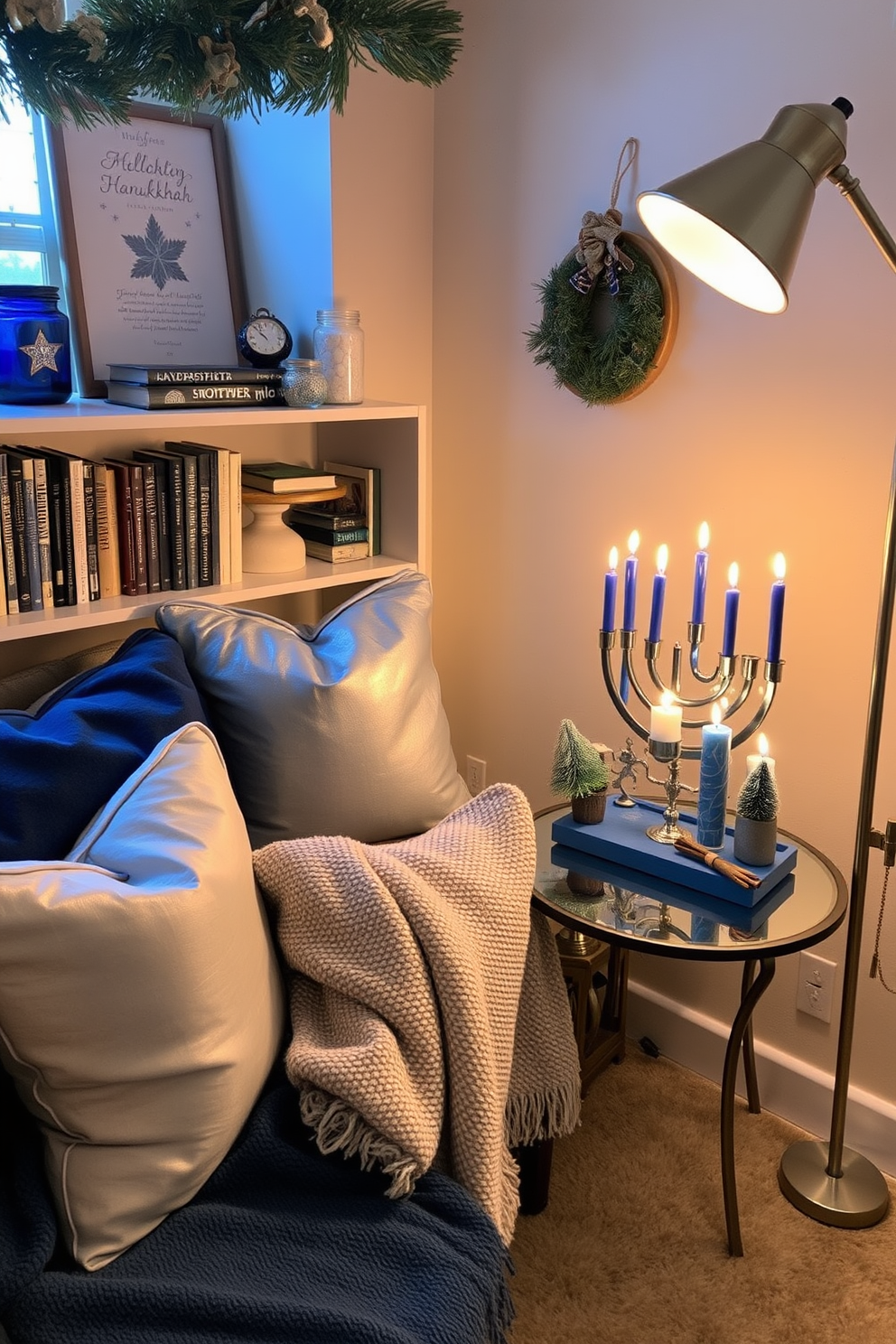 A cozy reading nook adorned with plush cushions and a soft throw blanket. A small bookshelf filled with festive books sits beside a large window, allowing natural light to illuminate the space. A personalized holiday greeting card display featuring an assortment of colorful cards hung on a string with decorative clips. The backdrop is a warm, inviting wall painted in a soft cream color, enhancing the festive atmosphere. Hanukkah decorating ideas include a beautifully arranged menorah placed on a wooden table. Surrounding the menorah are blue and silver accents, such as decorative dreidels and shimmering garlands.