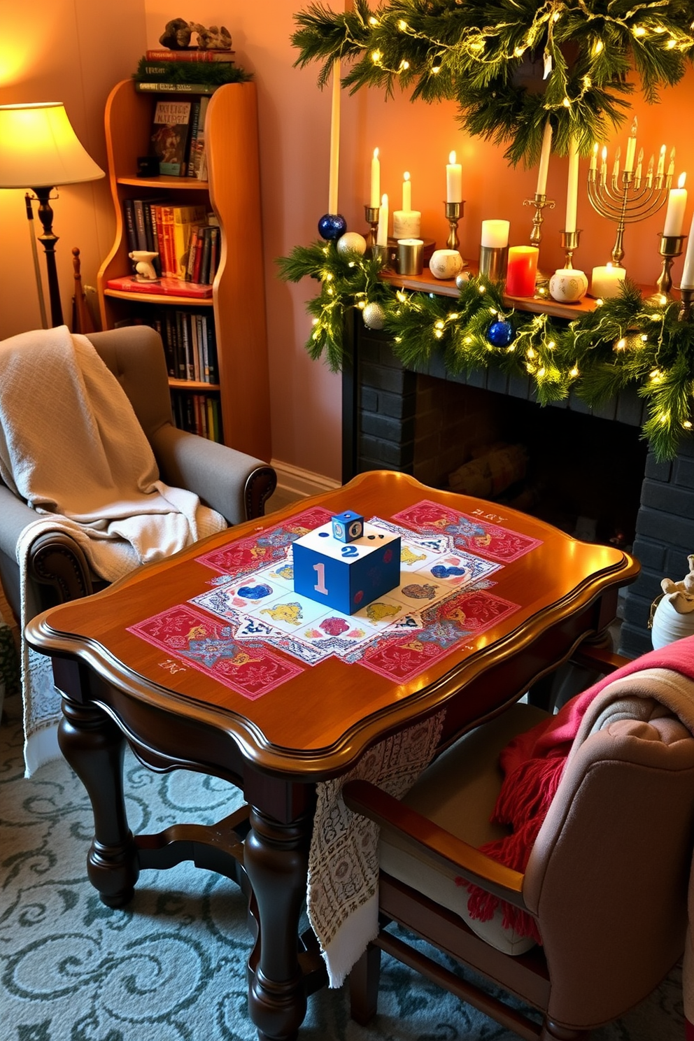 A cozy reading nook adorned with seasonal scents from scented candles. Soft cushions in warm tones are scattered on a plush armchair next to a small side table holding a flickering candle. A festive Hanukkah scene featuring a beautifully decorated menorah surrounded by vibrant blue and silver accents. The table is set with elegant dinnerware and a centerpiece of fresh flowers to enhance the holiday spirit.