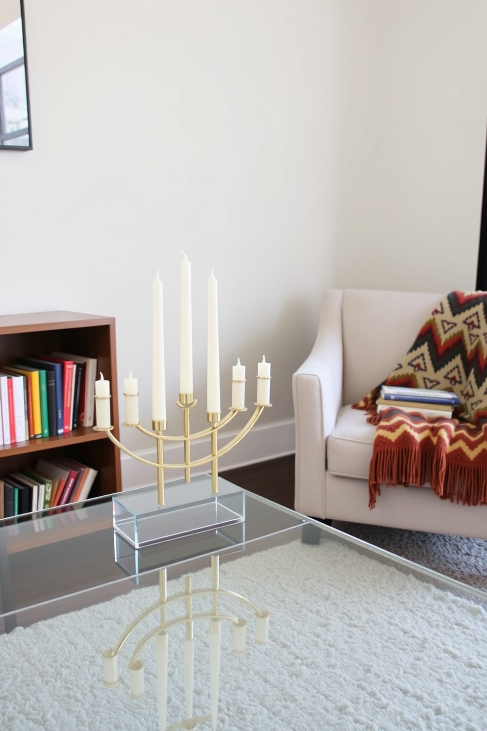 A cozy reading nook adorned with plush quilted throw pillows in various shades of blue and cream. The nook features a comfortable armchair positioned next to a small wooden side table, perfect for holding a warm beverage. For Hanukkah decorating ideas, the space is enhanced with elegant blue and silver accents, including a beautifully arranged menorah on the table. Soft string lights are draped around the window, creating a warm and inviting atmosphere for the festive season.