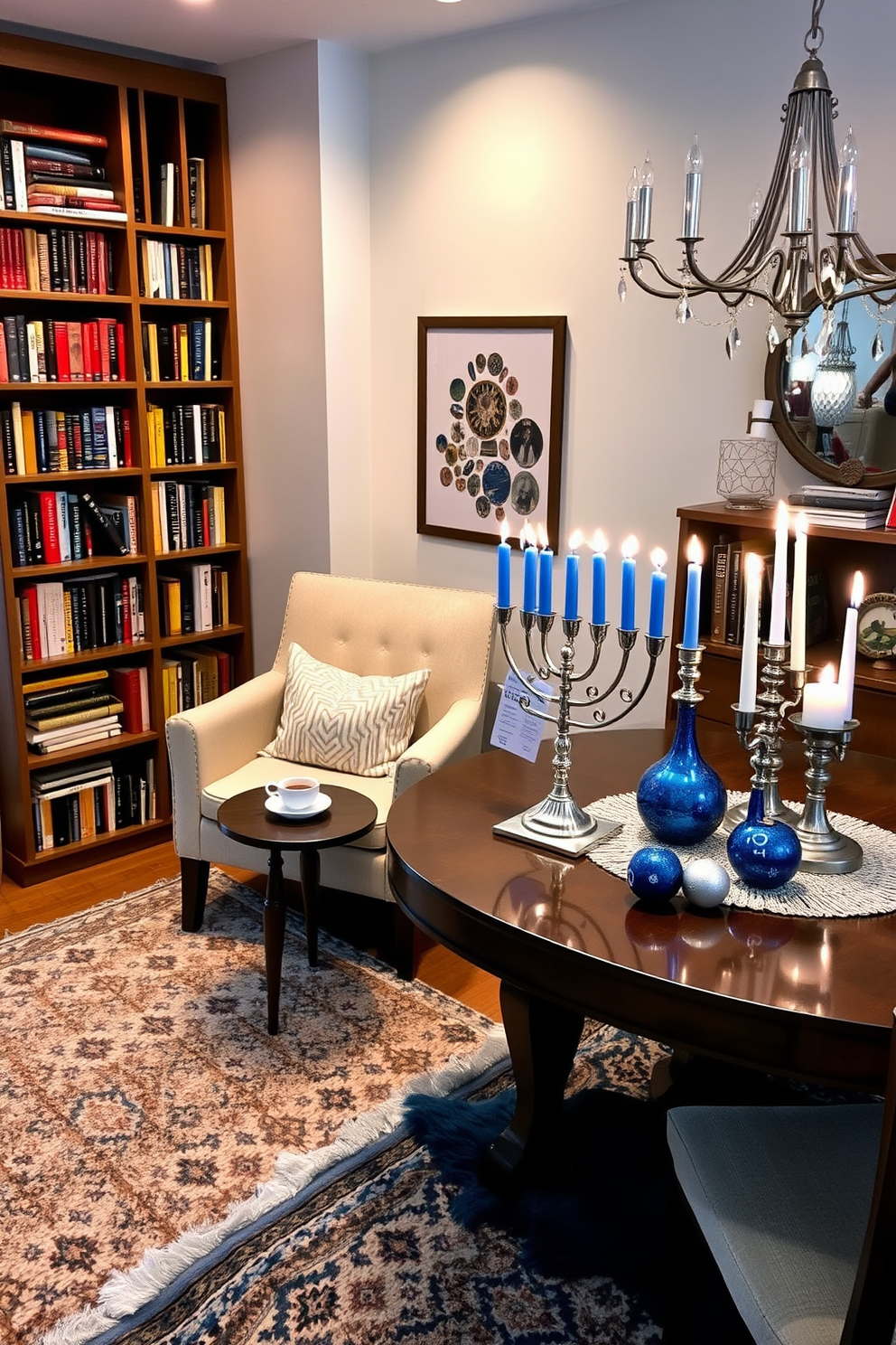 A cozy reading nook features layered rugs in soft textures, creating a warm and inviting atmosphere. A plush armchair is positioned beside a tall bookshelf filled with colorful books, while a small side table holds a steaming cup of tea. For Hanukkah decorating ideas, the space is adorned with beautiful blue and silver accents. A menorah sits elegantly on the dining table, surrounded by decorative dreidels and festive candles, enhancing the celebratory spirit.