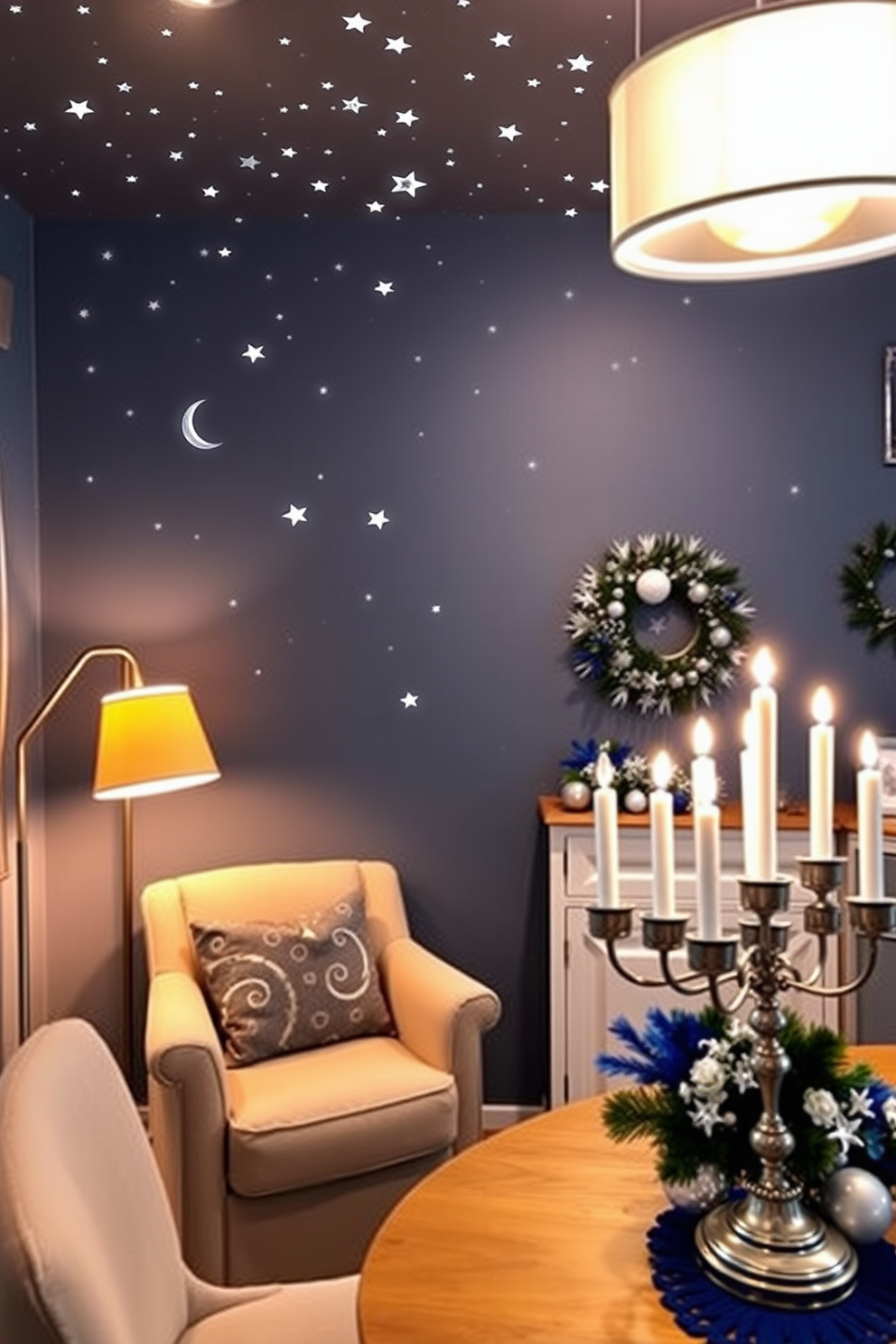 A cozy reading nook with a comfortable armchair upholstered in soft fabric. The nook is illuminated by a warm floor lamp, creating an inviting atmosphere for reading. Starry night ceiling decals that transform the room into a celestial wonderland. The decals feature glowing stars and a crescent moon, adding a magical touch to the space. Festive Hanukkah decorating ideas that incorporate blue and silver accents throughout the home. A beautifully decorated menorah sits on the dining table, surrounded by elegant candles and seasonal decorations.