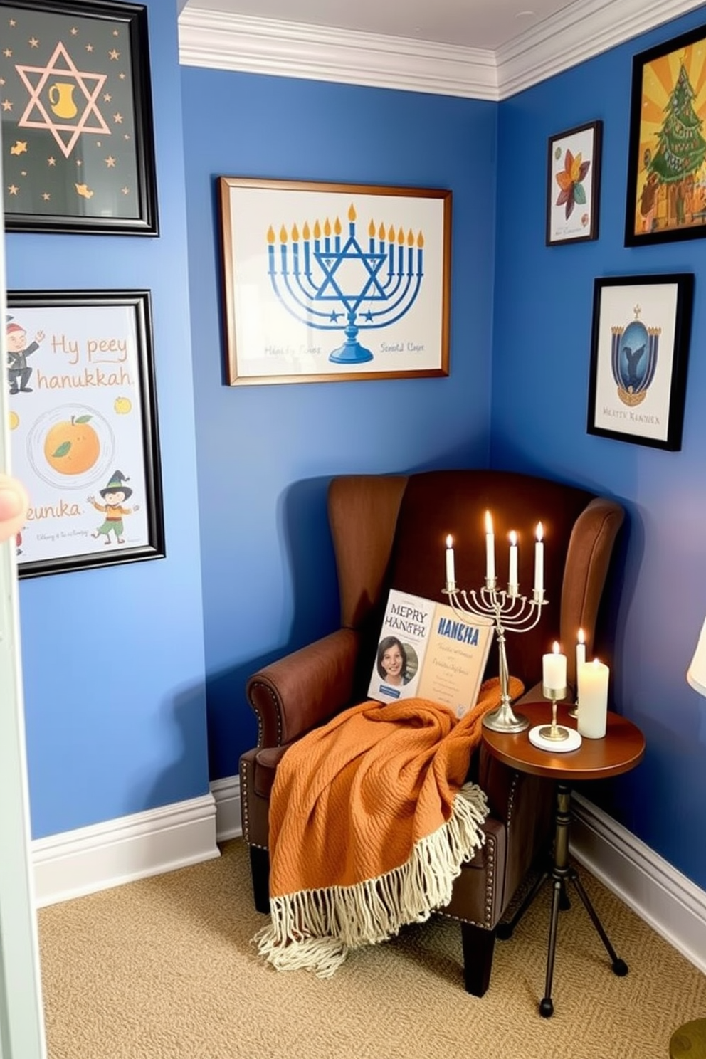 A cozy reading nook adorned with Hanukkah themed artwork on the walls. The space features a plush armchair draped with a warm throw blanket and a small side table holding a menorah and festive candles.