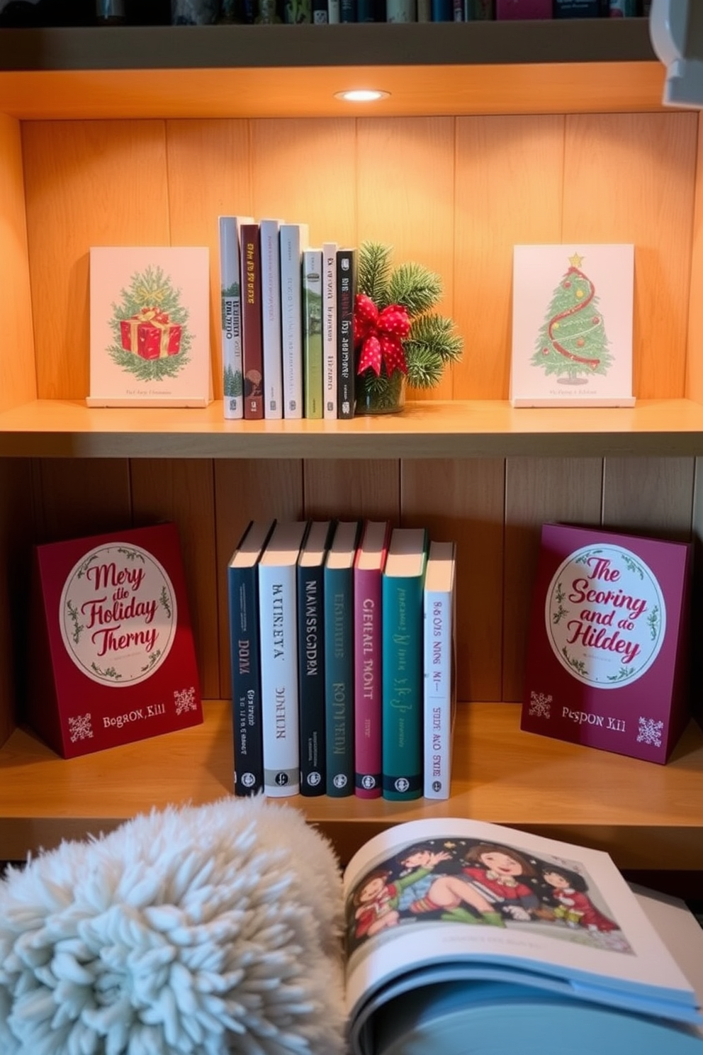 A cozy reading nook adorned with personalized bookends featuring festive holiday motifs. The space is illuminated by soft, warm lighting, creating an inviting atmosphere for enjoying holiday-themed books.