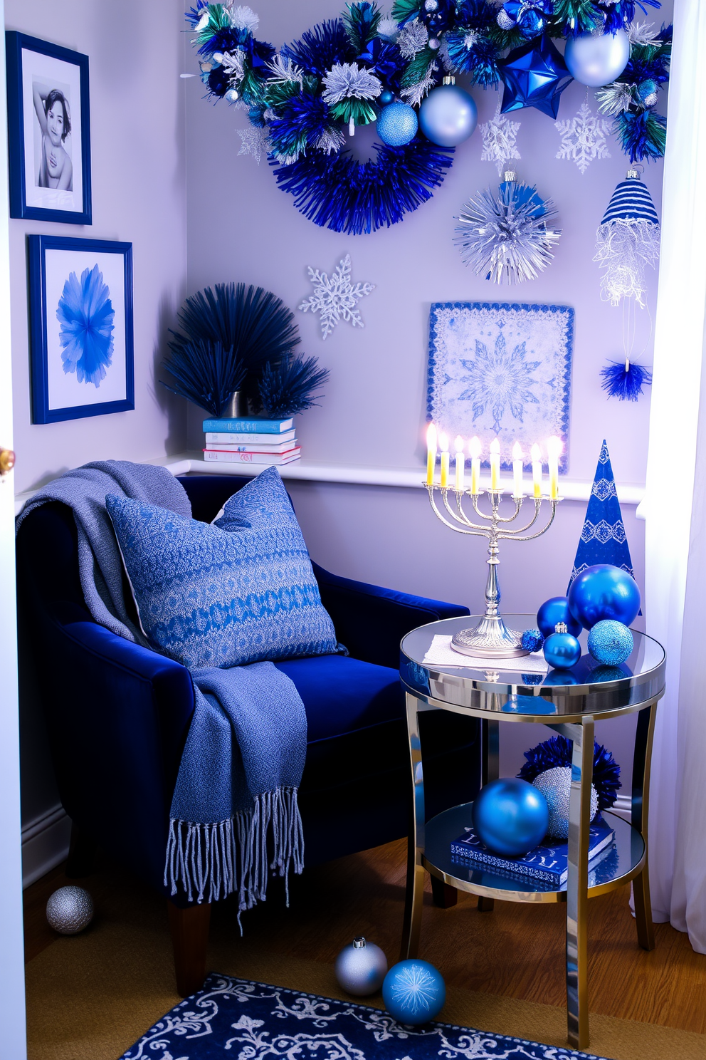 A cozy reading nook filled with creative blue and silver accents. A plush armchair in deep navy is paired with a silver side table, while a soft throw blanket drapes over the armrest. Decorative elements for Hanukkah enhance the space, featuring a beautifully lit menorah on the table. Festive blue and silver ornaments are scattered throughout, adding a touch of holiday cheer.