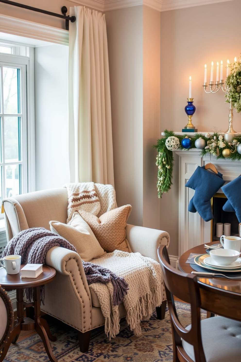 Layered textiles create a warm and inviting atmosphere in the reading nook. Plush cushions in various textures are arranged on a deep armchair, complemented by a soft throw blanket draped over the side. For Hanukkah decorating ideas, incorporate blue and silver accents throughout the space. A beautifully arranged menorah sits on a wooden table, surrounded by decorative dreidels and festive garlands.