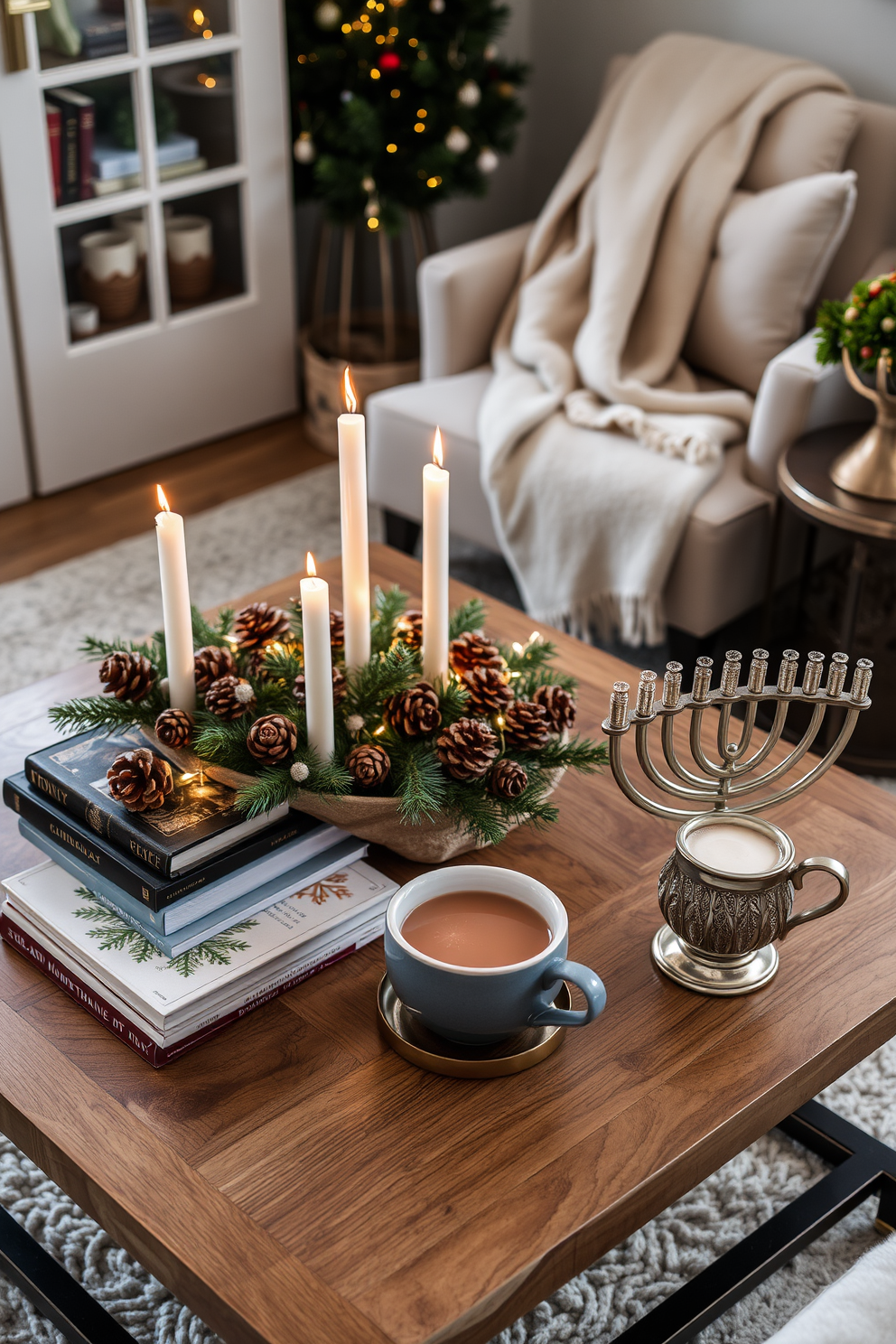 A cozy reading nook features a small coffee table adorned with an assortment of treats. Plush cushions and a soft throw blanket invite relaxation, while a warm lamp casts a gentle glow over the space. The Hanukkah decorating ideas include a beautifully arranged menorah at the center of the coffee table. Surrounding it are decorative dreidels and festive blue and silver accents that create a cheerful atmosphere.