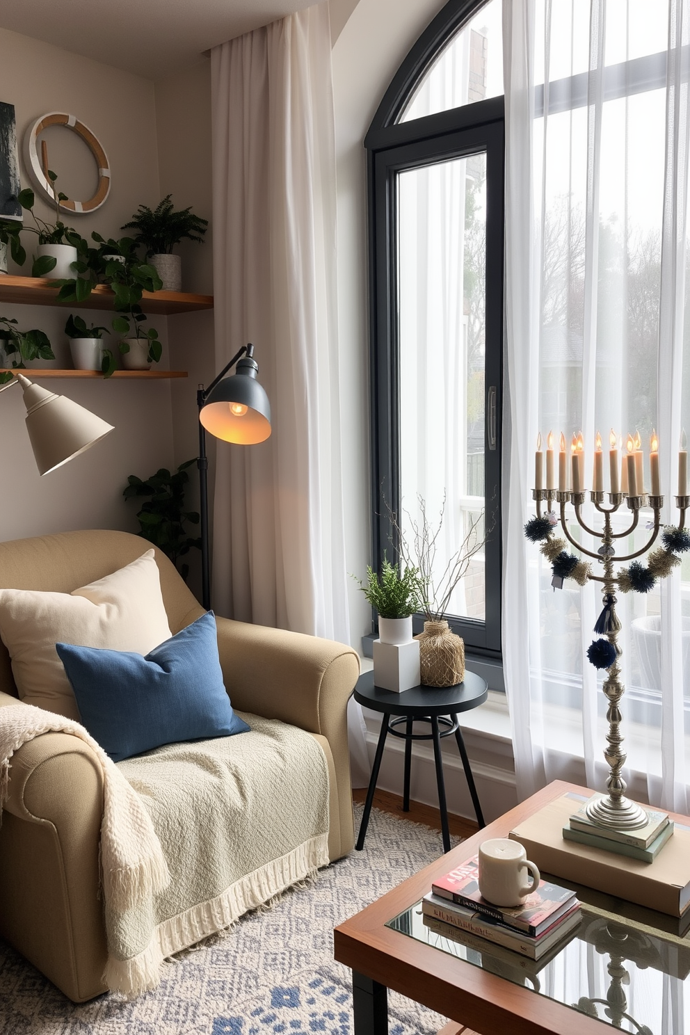 A cozy reading nook adorned with vintage Hanukkah books as decor pieces. The nook features a plush armchair draped with a soft blue throw blanket, next to a small wooden side table holding a steaming cup of tea. The walls are painted in a warm cream color, and a decorative menorah sits on the windowsill, casting a gentle glow. A patterned area rug with subtle blues and golds anchors the space, inviting relaxation and reflection during the holiday season.