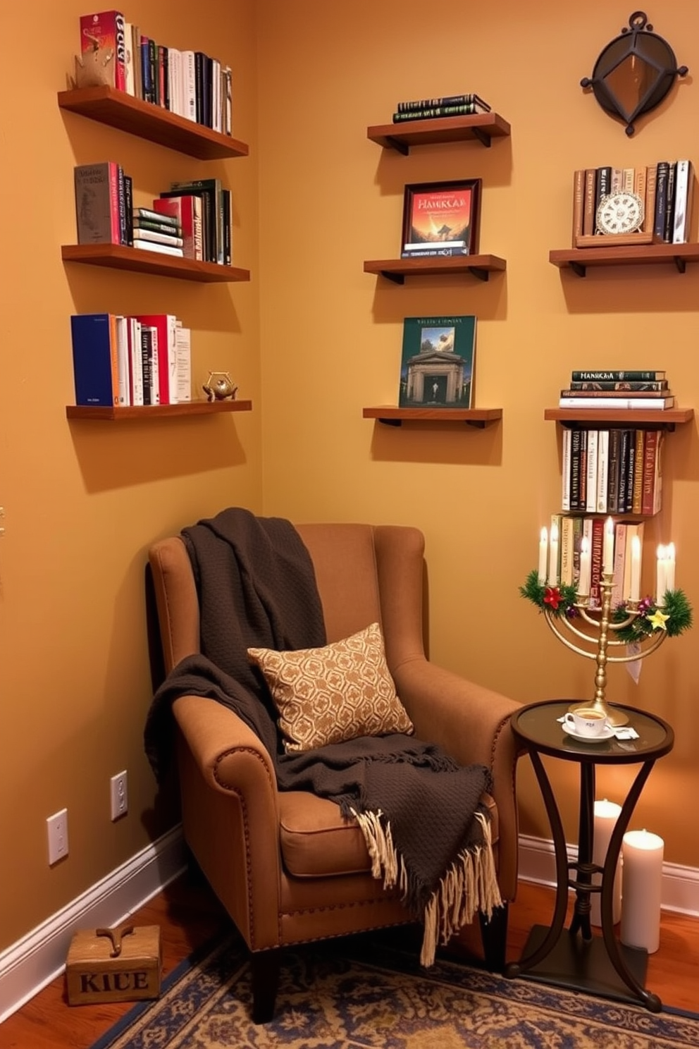 A cozy reading nook featuring wall-mounted shelves filled with books and decorative items. A plush armchair is positioned in the corner, with a soft throw blanket draped over it and a small side table holding a steaming cup of tea. The space is adorned with festive Hanukkah decorations, including a beautiful menorah placed on the side table. The walls are painted in a warm, inviting color, and soft lighting creates a welcoming atmosphere for reading and relaxation.