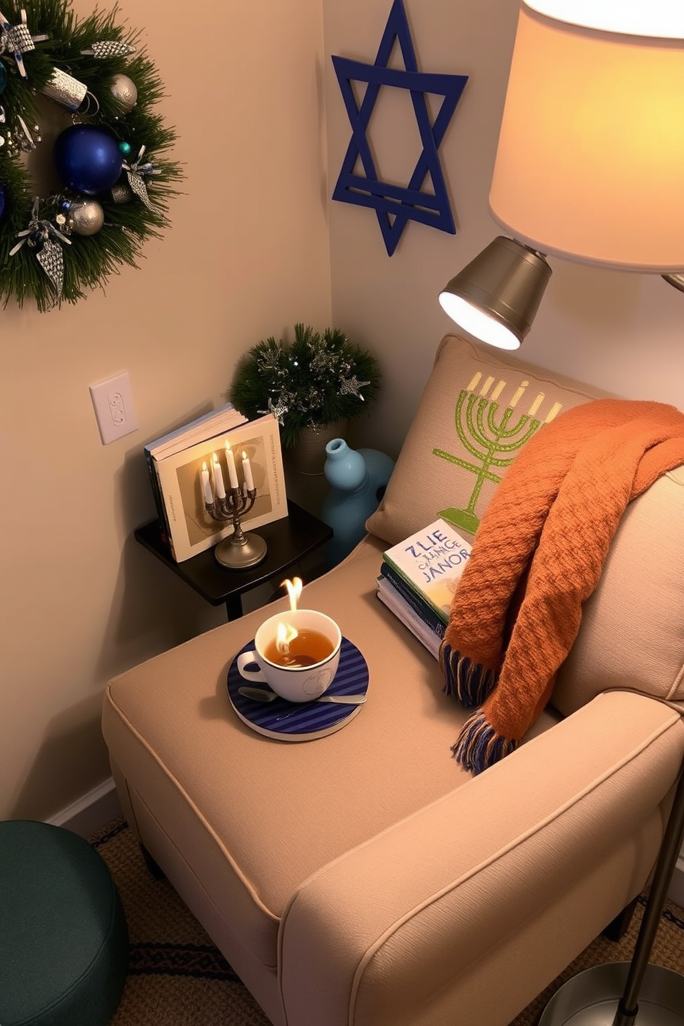 A cozy reading nook tucked in a corner with a plush armchair upholstered in soft fabric. A small side table holds a steaming cup of tea and a stack of books, while a warm throw blanket drapes over the armrest. The nook is adorned with festive Hanukkah decorations, including a menorah on the table and blue and silver accents throughout. Soft lighting from a nearby lamp creates an inviting atmosphere perfect for reading and relaxation.