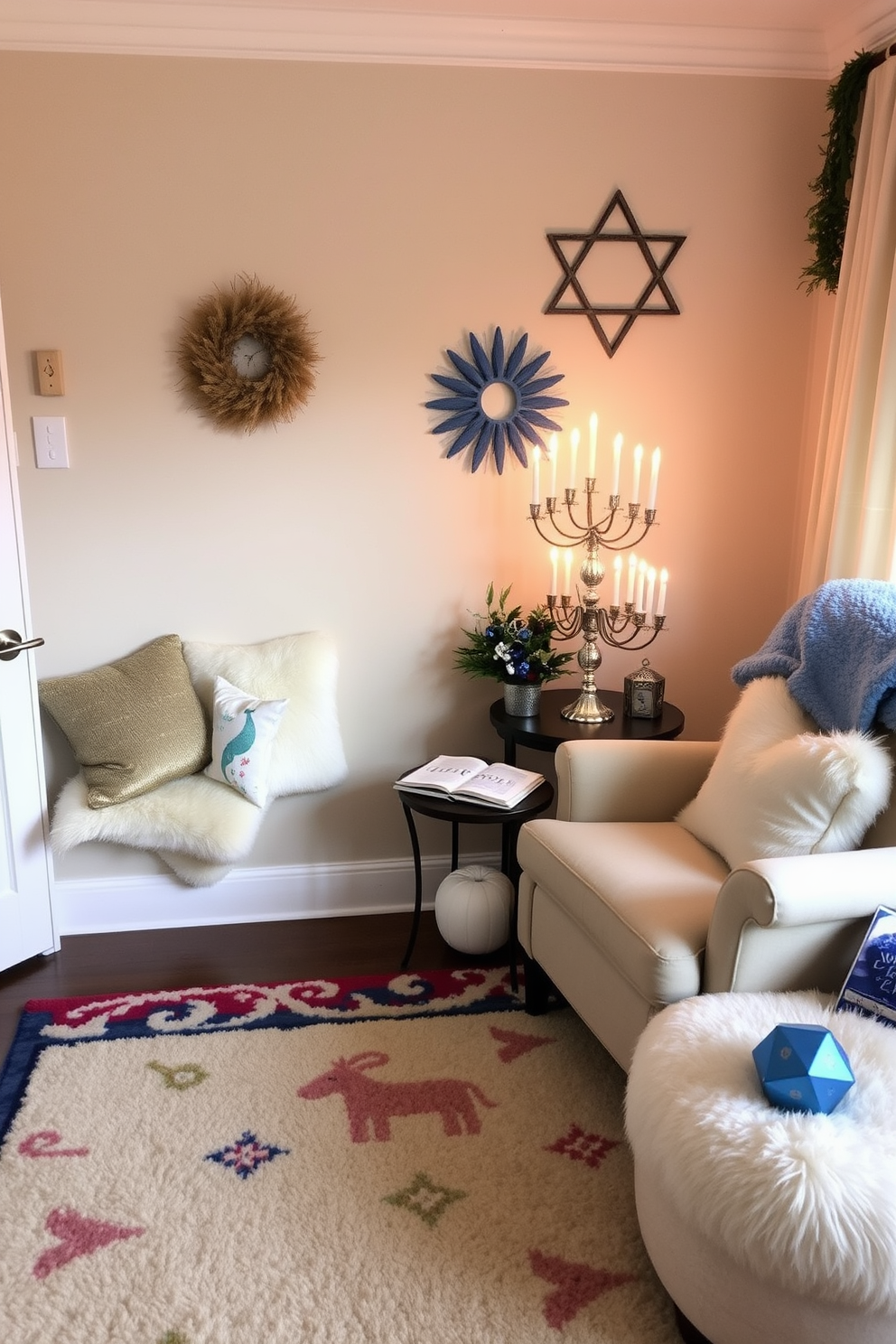 A cozy reading nook featuring a soft area rug in festive colors that adds warmth to the space. Plush cushions are scattered on a comfortable armchair, inviting you to curl up with a good book. The nook is adorned with Hanukkah decorating ideas, including a beautifully lit menorah on a small side table. Decorative dreidels and blue and silver accents enhance the festive atmosphere, creating a perfect spot for relaxation.