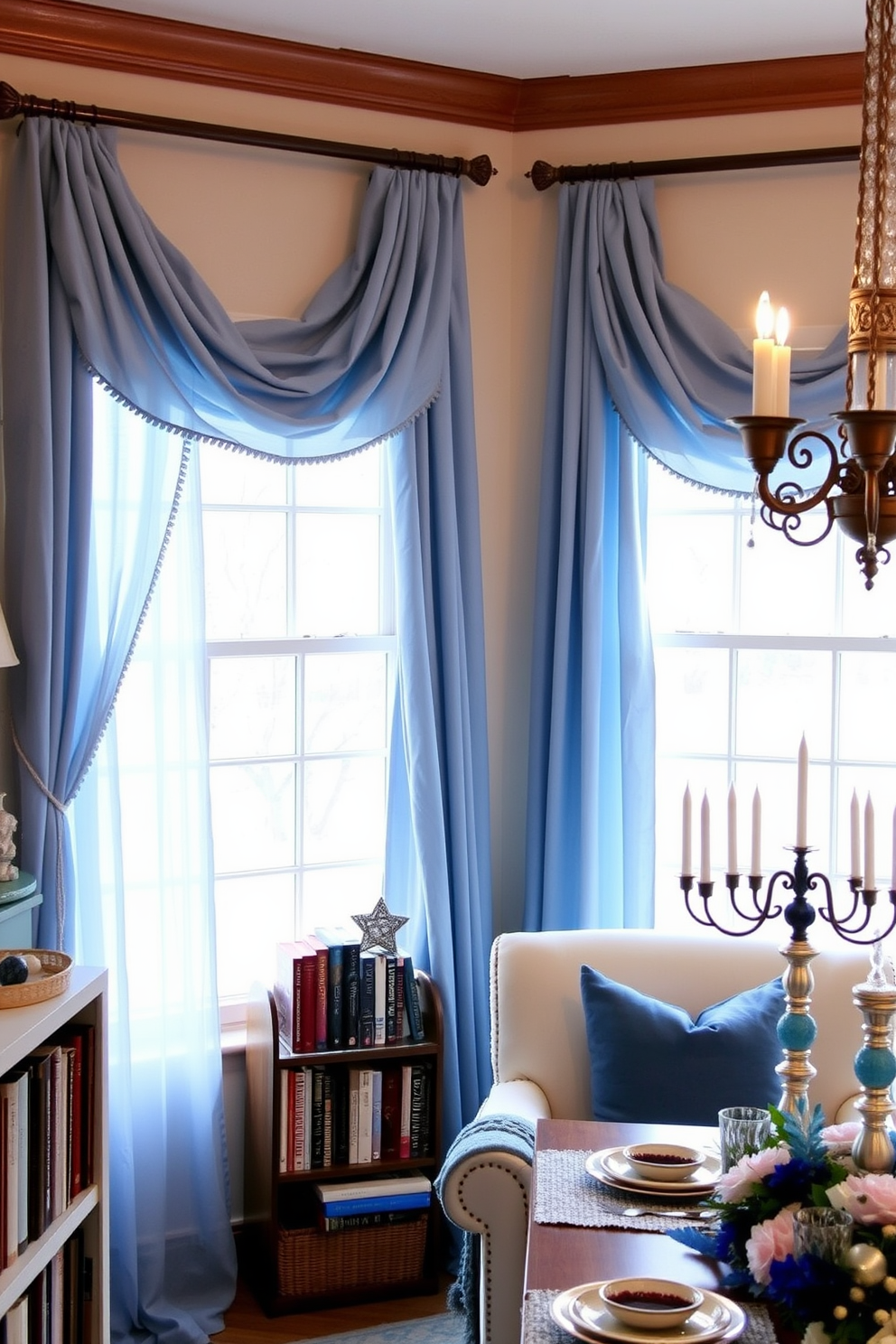 Charming window treatments in blue hues. Soft drapes cascade down from a wooden rod, framing a large window that lets in natural light and adds a serene touch to the room. Reading nook adorned with plush cushions and a cozy throw blanket. A small bookshelf filled with favorite novels sits beside a comfortable armchair, creating an inviting space for relaxation and reading. Hanukkah decorating ideas featuring a beautifully arranged table setting. Elegant menorah takes center stage, surrounded by festive decorations in shades of blue and silver, enhancing the holiday spirit.