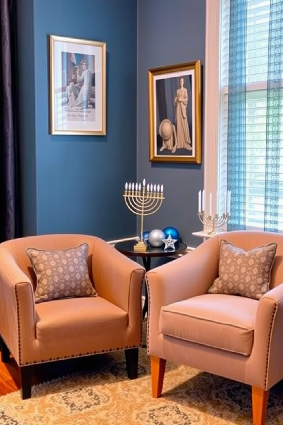 A festive menorah is elegantly displayed on a stylish side table in a cozy reading nook. The space is adorned with soft pillows and warm throws, creating a welcoming atmosphere for Hanukkah celebrations.