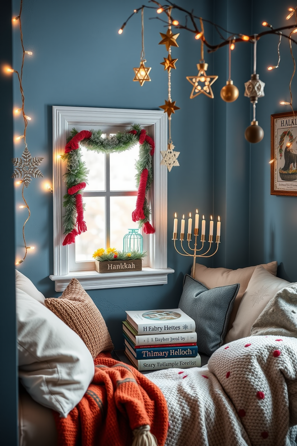 A cozy reading nook featuring a plush armchair in a rich navy blue fabric positioned next to a small wooden side table. Seasonal artwork displayed on easels adorns the walls, showcasing vibrant winter scenes that complement the warm ambiance. For Hanukkah decorating ideas, a beautifully set table is adorned with a blue and silver tablecloth, featuring a menorah at the center surrounded by decorative dreidels. Soft candlelight flickers across the table, creating a festive atmosphere perfect for family gatherings.