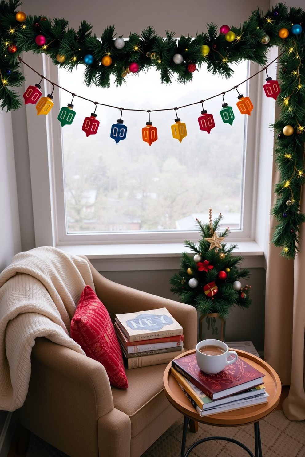 A cozy reading nook adorned with a festive garland decorated with colorful dreidels. The nook features a comfortable armchair draped with a soft blanket, and a small side table holds a stack of holiday-themed books and a warm cup of cocoa.