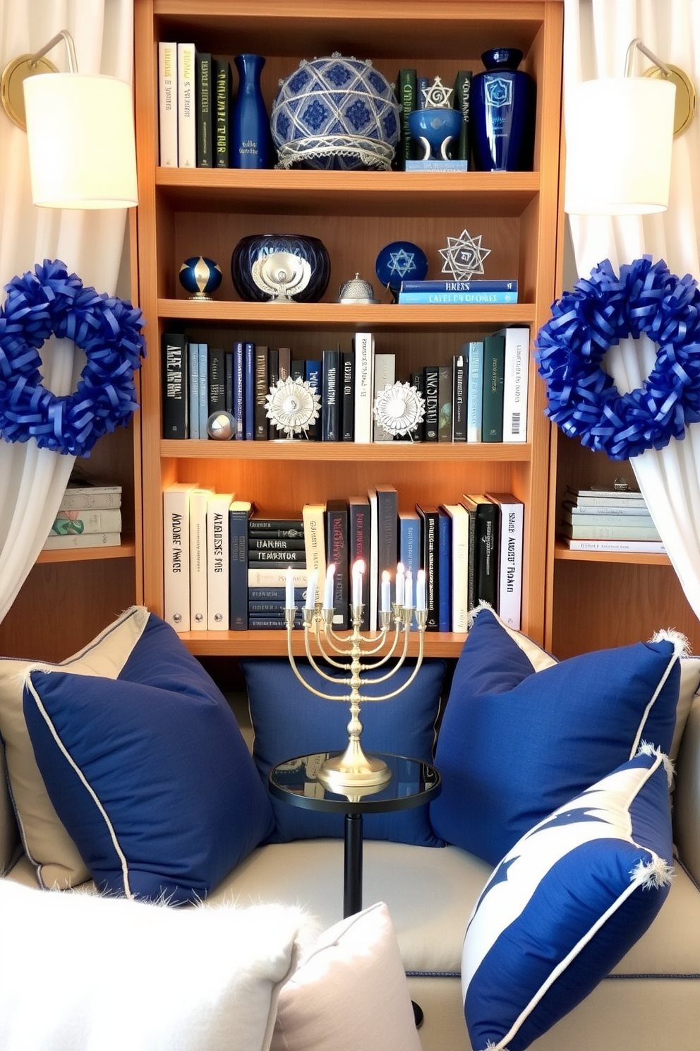 A cozy reading nook adorned with Hanukkah-themed decorations. The bookshelf is filled with blue and silver accents, featuring menorahs and dreidels among the books. Soft cushions in shades of blue and white create a comfortable seating area. A small table holds a decorative menorah, adding a festive touch to the space.