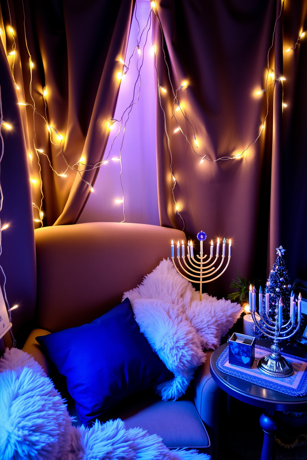 A cozy reading nook bathed in soft lighting from fairy lights. Plush cushions are scattered on a comfortable armchair, creating an inviting atmosphere for relaxation. The space is adorned with festive Hanukkah decorations, including a beautifully arranged menorah on a side table. Blue and silver accents complement the warm glow of the lights, enhancing the holiday spirit.