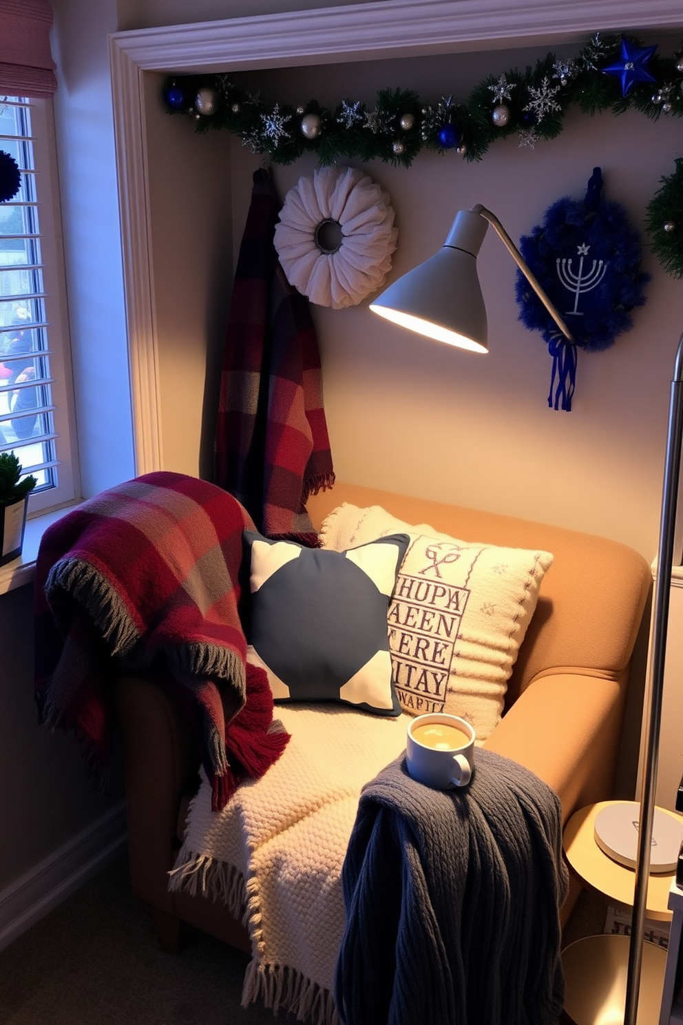 A cozy reading nook featuring bookshelves filled with holiday-themed books. The space is adorned with soft cushions and a warm throw blanket, creating an inviting atmosphere for relaxation. The bookshelves are decorated with festive ornaments and twinkling lights, enhancing the holiday spirit. A small side table holds a steaming cup of cocoa, completing this charming Hanukkah-themed reading corner.