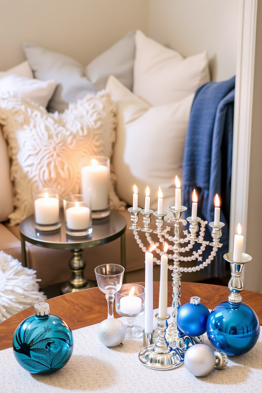 A cozy reading nook filled with soft pillows and a plush throw blanket. Decorative candles in glass holders are placed on a small side table, casting a warm glow in the space. For Hanukkah decorating ideas, a beautifully adorned menorah sits at the center of the table. Surrounding it are blue and silver accents, including decorative candles and festive ornaments.