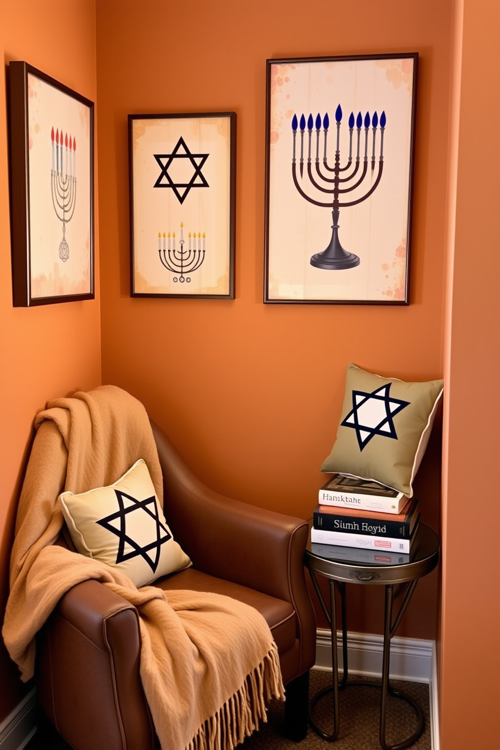 A cozy reading nook features a soft rug in blue and silver tones that adds warmth to the space. A comfortable armchair is positioned beside a tall bookshelf filled with a variety of books and decorative items. For Hanukkah decorating ideas, the nook is adorned with elegant blue and silver accents. String lights are draped around the bookshelf, and a beautiful menorah sits on a small side table, creating a festive atmosphere.