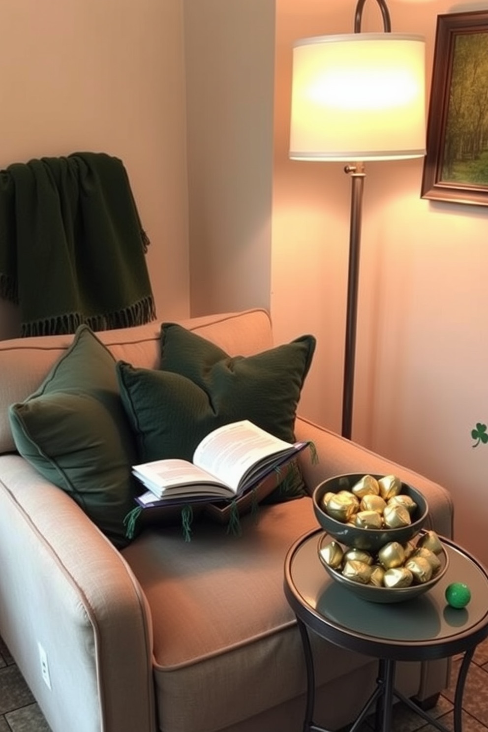 A cozy reading nook features an oversized armchair adorned with soft green cushions and textured throws. The space is illuminated by a warm floor lamp, creating an inviting atmosphere perfect for curling up with a good book. For St. Patrick's Day, the nook is decorated with subtle green accents, including a shamrock-patterned throw and festive wall art. A small side table holds a decorative bowl filled with gold-wrapped chocolates, adding a playful touch to the serene setting.