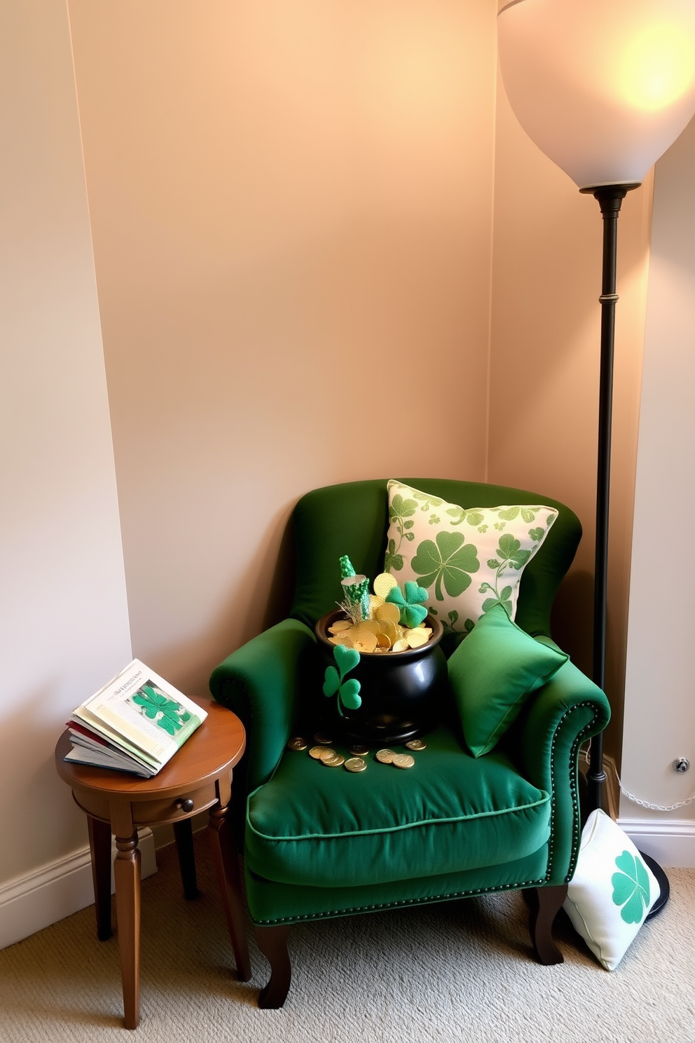 A cozy reading nook featuring a comfortable armchair in a rich emerald green fabric. The armchair is positioned beside a small wooden side table adorned with a pot of gold centerpiece, decorated with shiny coins and festive accents for St. Patrick's Day. Soft, warm lighting from a nearby floor lamp creates an inviting atmosphere. The walls are painted a light cream color, and a few shamrock-themed cushions are scattered on the chair to enhance the festive decor.