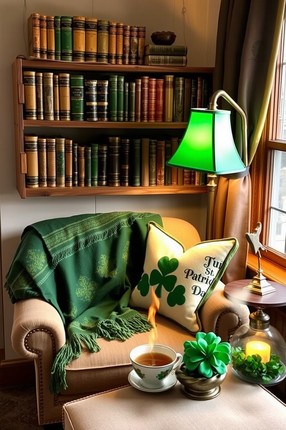 A cozy reading nook featuring vintage books with green covers arranged neatly on a rustic wooden shelf. A comfortable armchair upholstered in soft fabric is positioned near a window, adorned with a St. Patrick's Day themed throw blanket and decorative pillows. The nook is illuminated by a warm table lamp with a green shade, creating an inviting atmosphere. A small side table holds a steaming cup of tea and a festive shamrock centerpiece, enhancing the St. Patrick's Day decor.